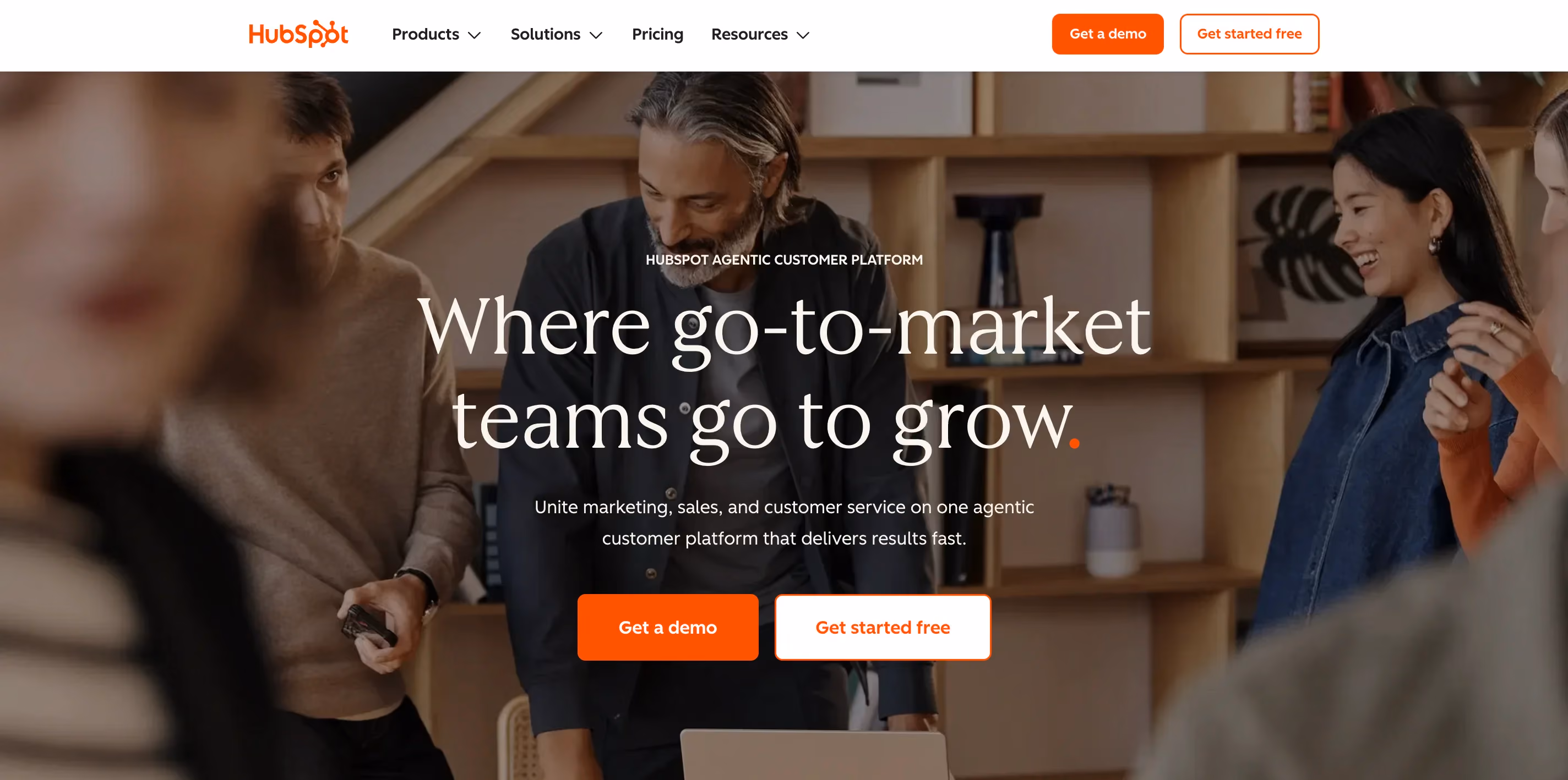 HubSpot homepage showing their headline 'Where go-to-market teams go to grow' with options to get a demo or get started free