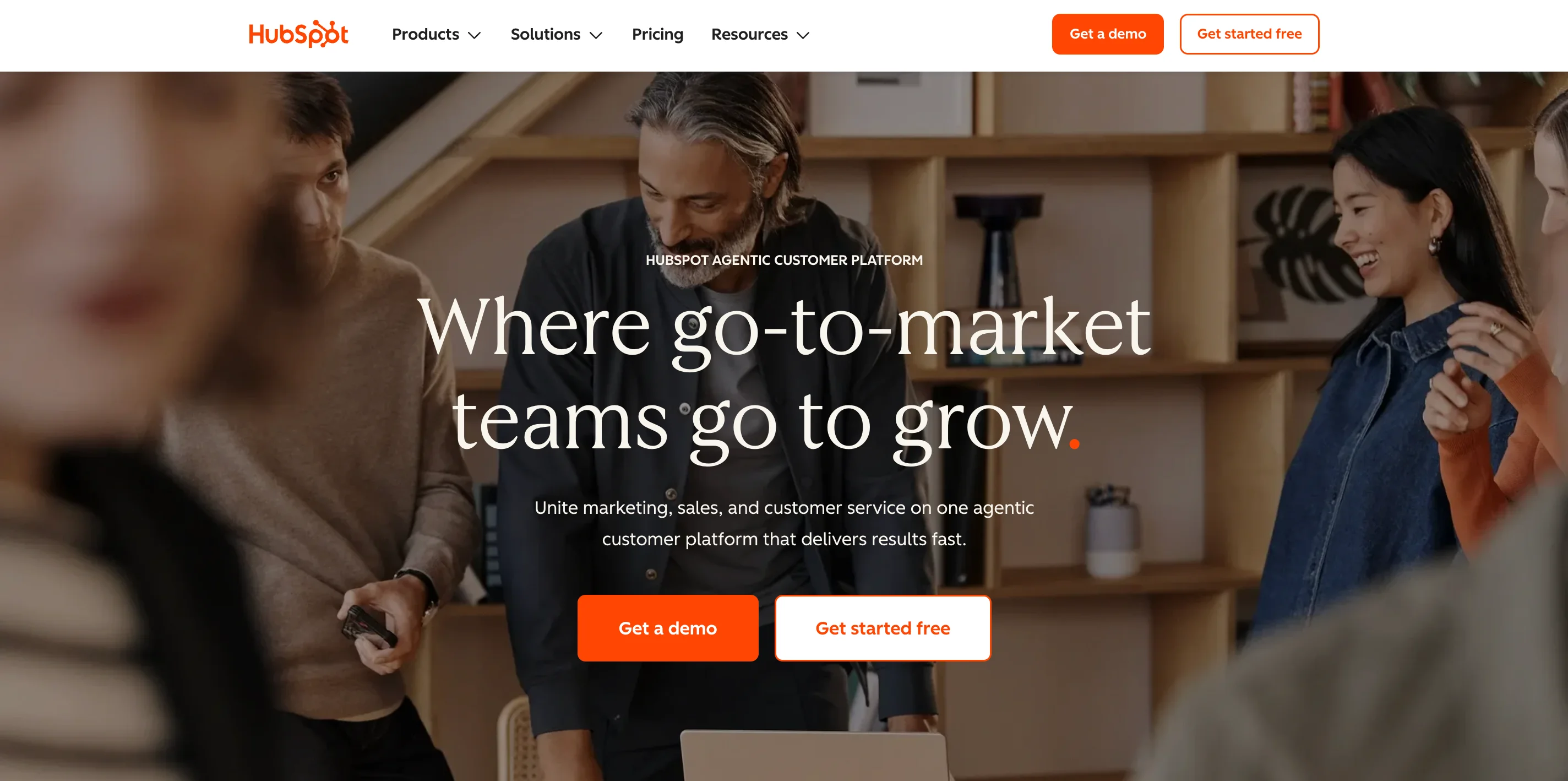 HubSpot homepage showing their headline 'Where go-to-market teams go to grow' with options to get a demo or get started free