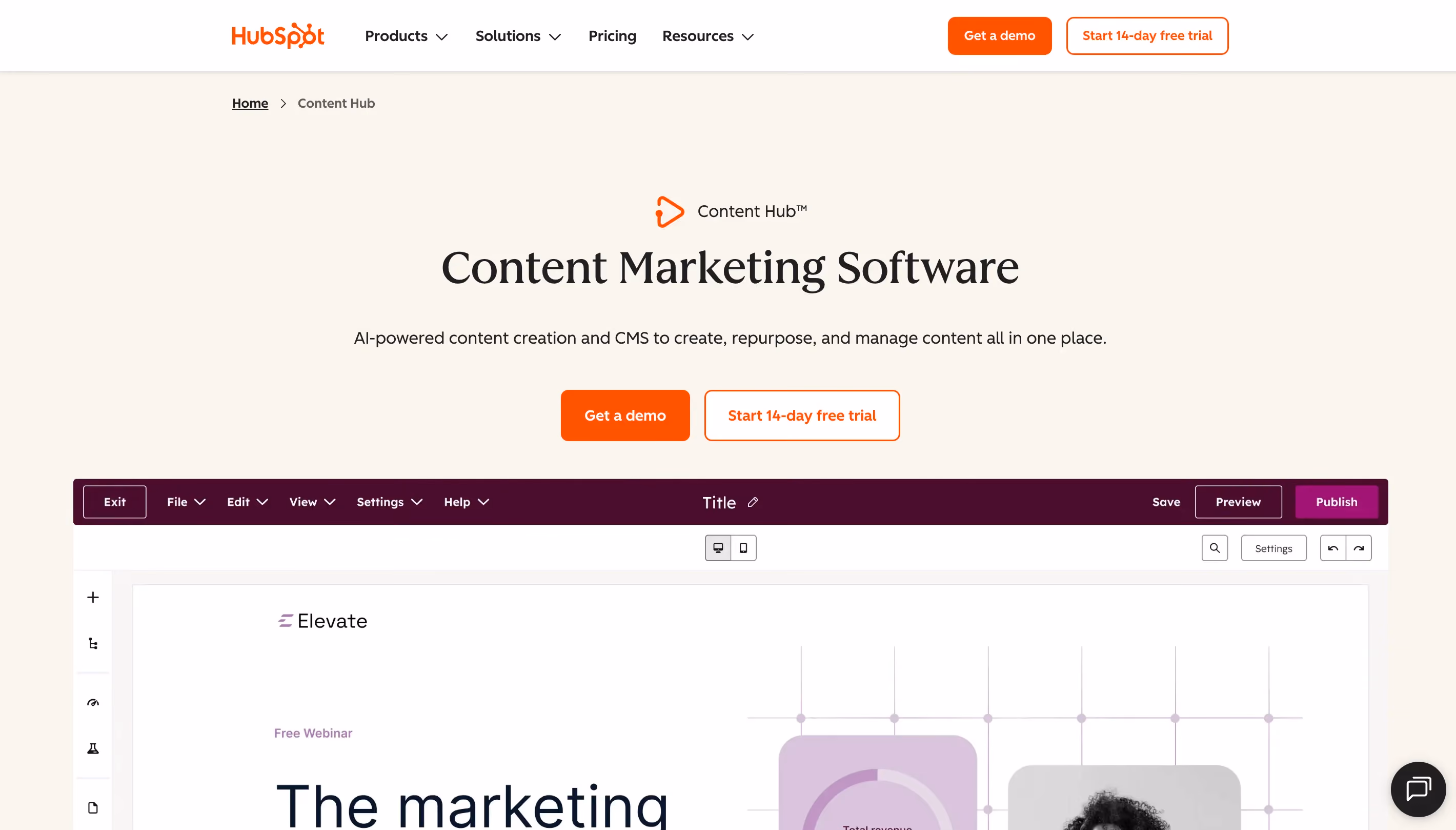 HubSpot Content Hub page showing the headline 'Content Marketing Software' with its drag-and-drop landing page builder interface