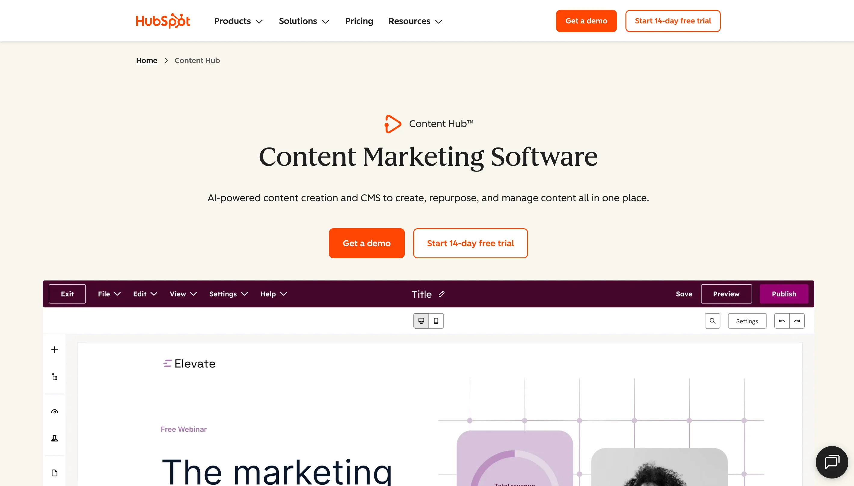 HubSpot Content Hub page showing the headline 'Content Marketing Software' with its drag-and-drop landing page builder interface