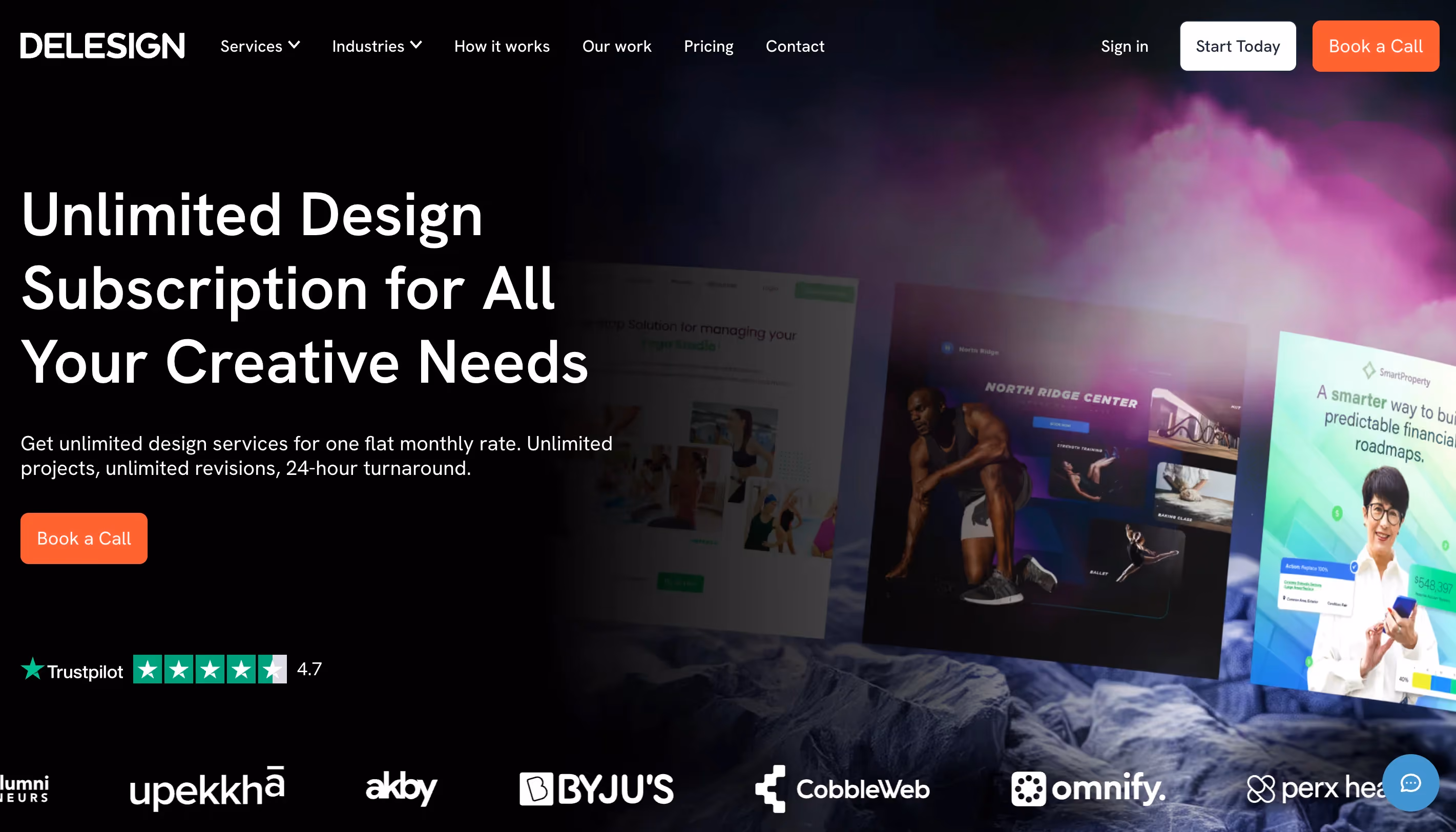 Delesign homepage showing their unlimited design subscription service with a 4.7 Trustpilot rating and client logos including upekkha, akby, BYJU'S, CobbleWeb, Omnify, and Perx Health