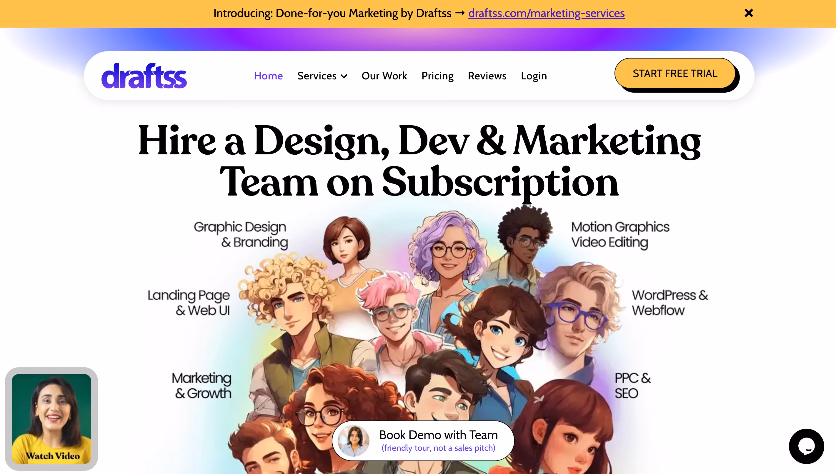 Draftss homepage showing their design, development, and marketing subscription service with services including graphic design, branding, landing page and web UI, motion graphics, video editing, WordPress and Webflow, PPC and SEO, and marketing and growth