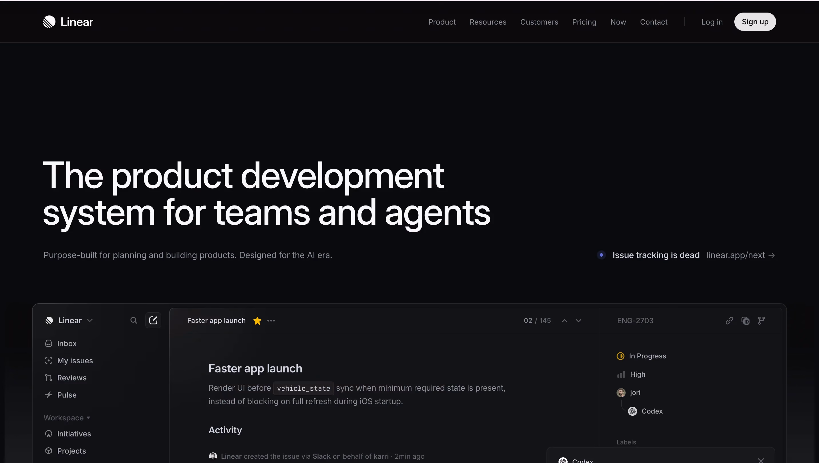 Linear's homepage demonstrating their branding design approach, with a dark-mode-first aesthetic, minimal typography, and a focused product interface preview