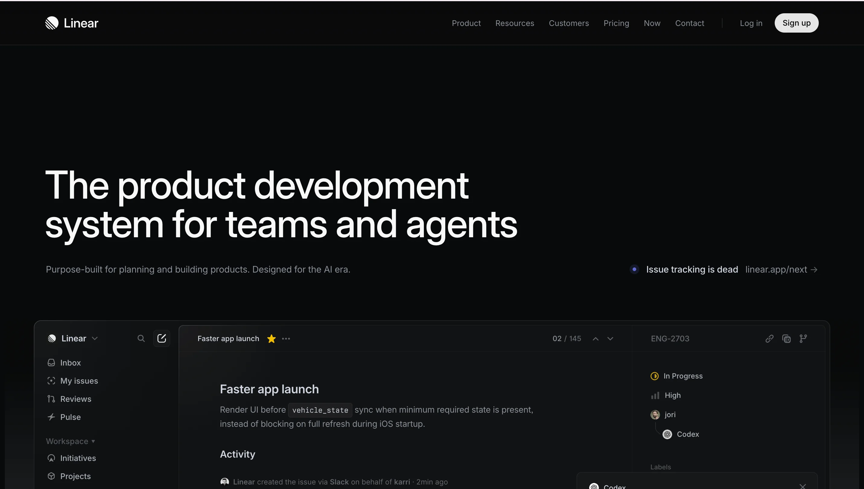 Linear's homepage demonstrating their branding design approach, with a dark-mode-first aesthetic, minimal typography, and a focused product interface preview