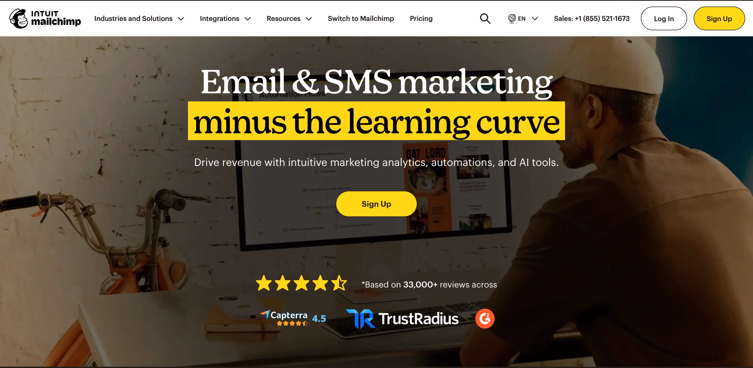 Mailchimp homepage showcasing their branding design through bold yellow highlights, a playful custom typeface, and a friendly illustrated mascot