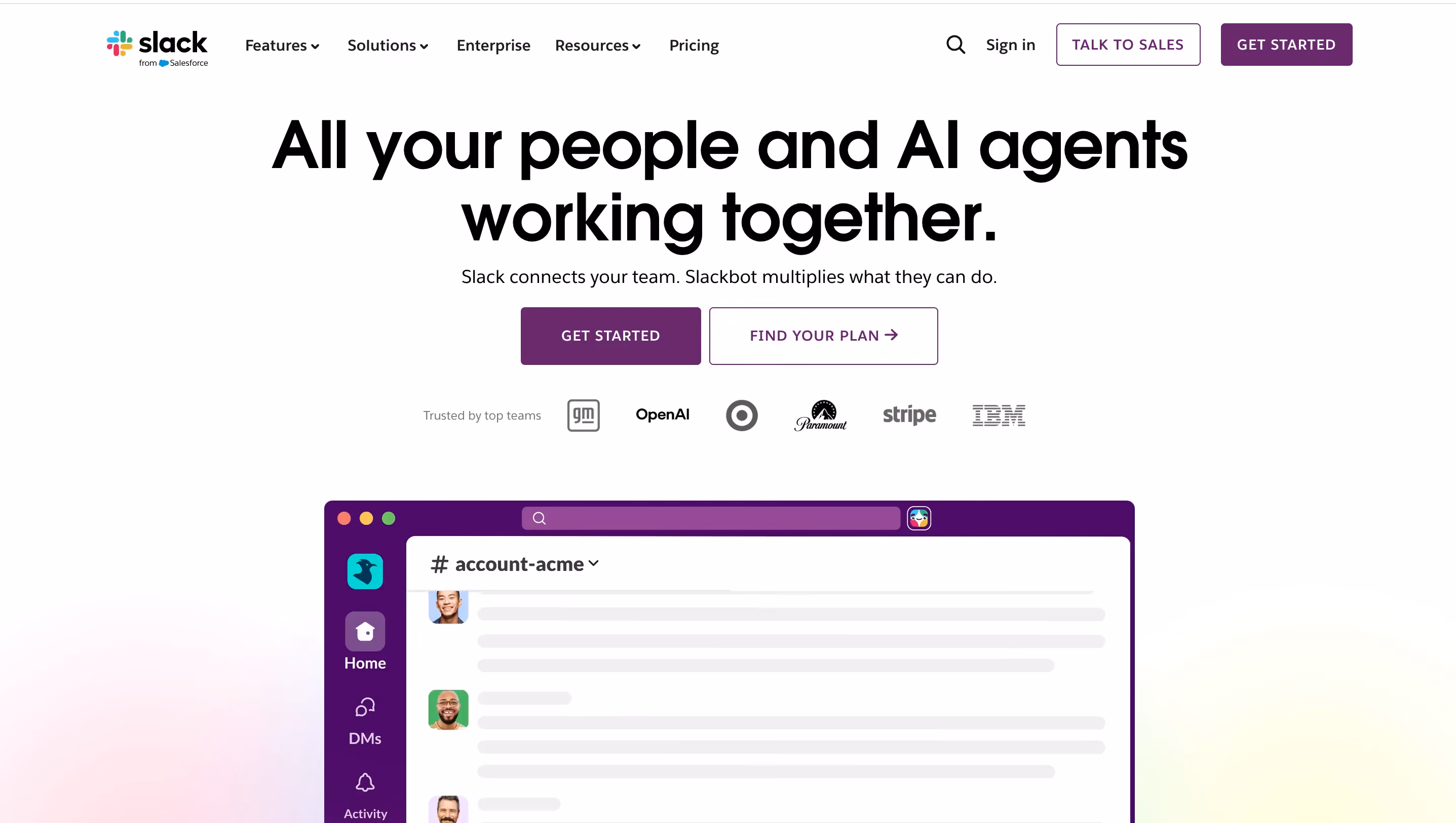 Slack homepage reflecting their branding design with a deep purple color palette, clean sans-serif typography, and a product screenshot showing the collaborative interface