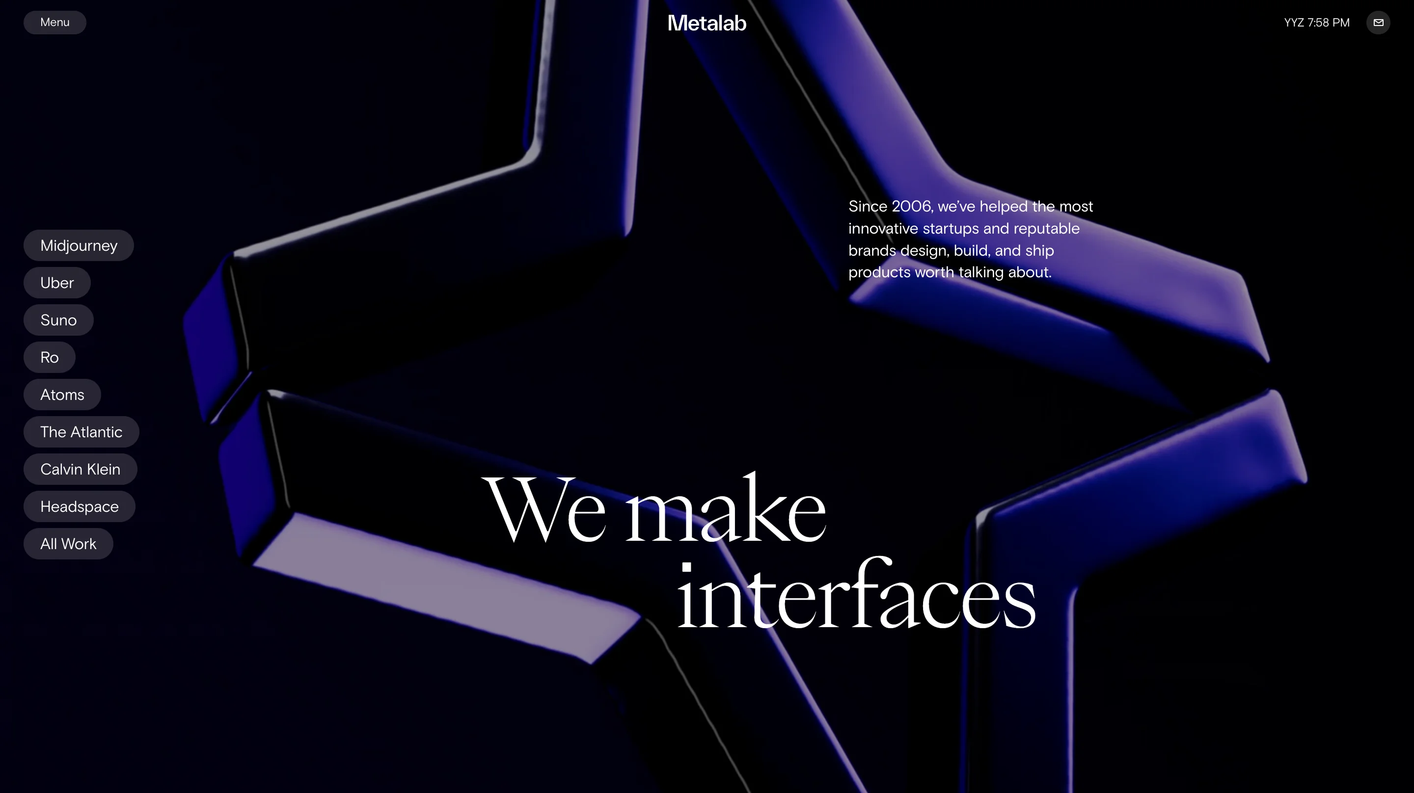 MetaLab SaaS design agency homepage with 'We make interfaces' headline and client list including Midjourney, Uber, Suno, The Atlantic, Calvin Klein, and Headspace