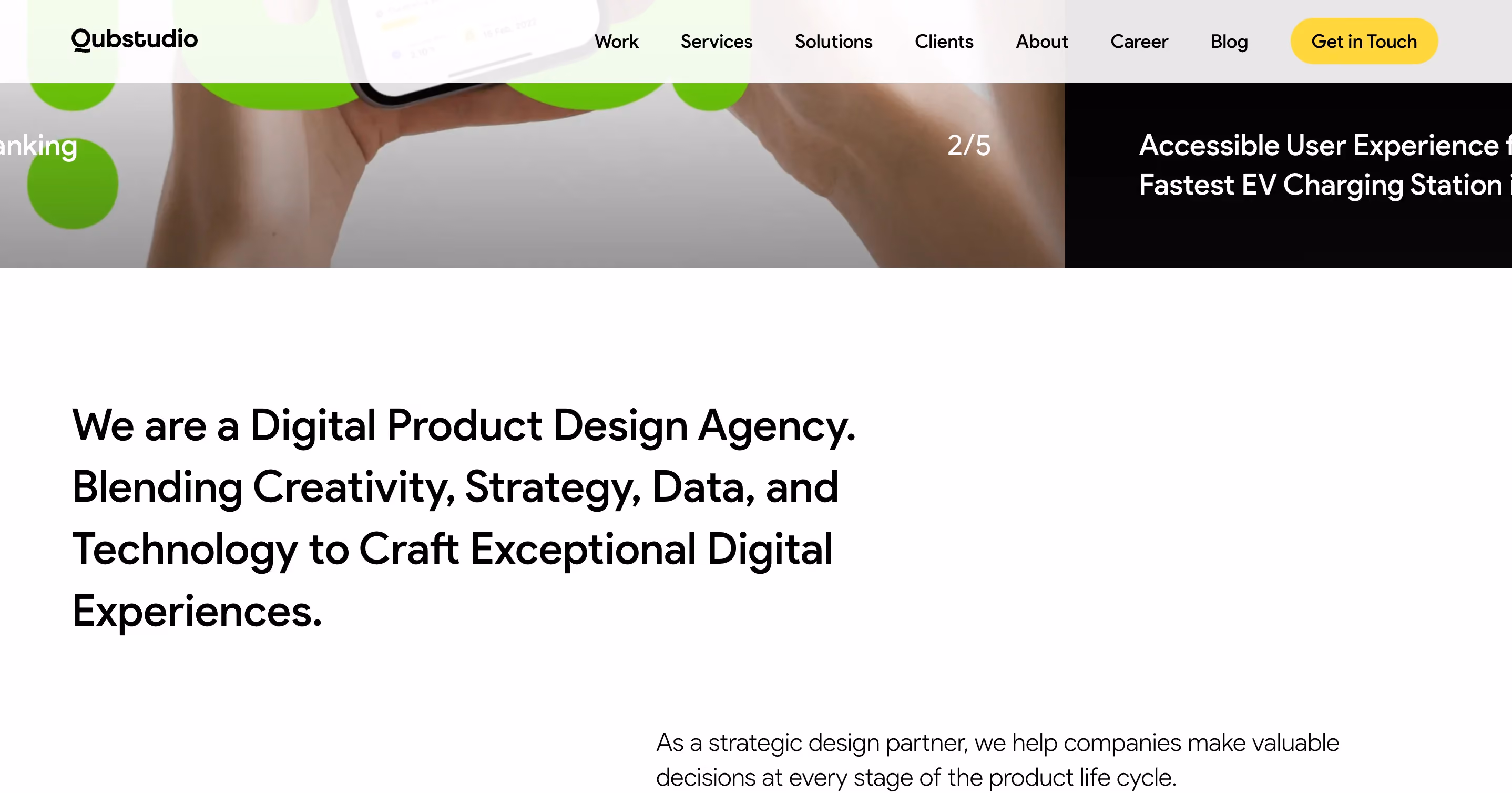 Qubstudio SaaS design agency homepage presenting themselves as a Digital Product Design Agency blending creativity, strategy, data, and technology