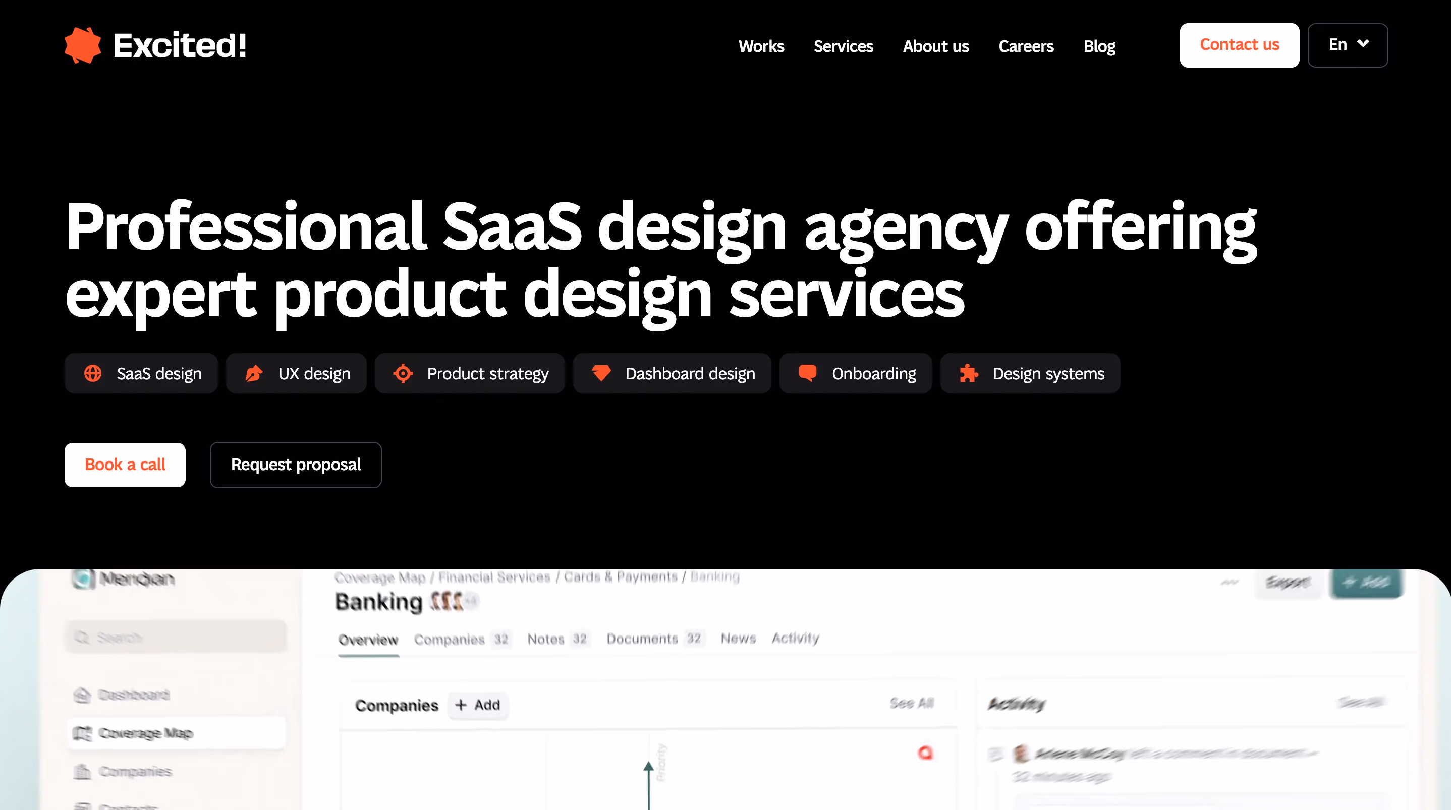 Excited! SaaS design agency homepage showcasing product design services including SaaS design, UX design, product strategy, dashboard design, and onboarding