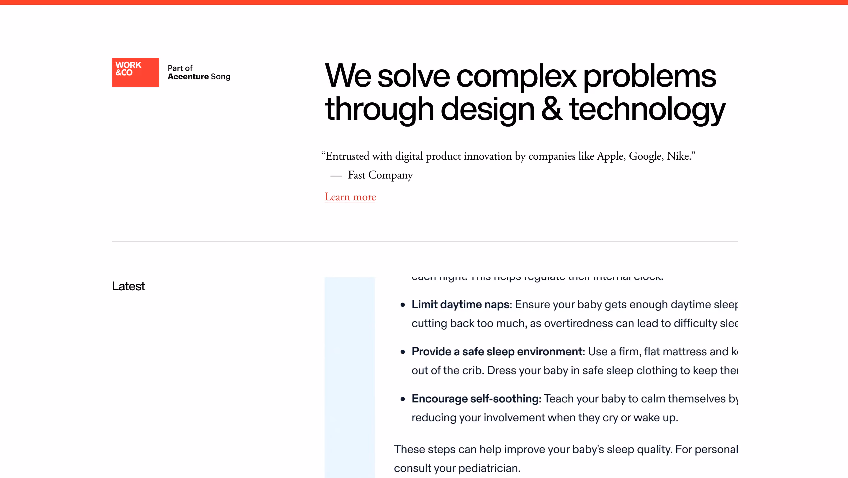 Work & Co SaaS design agency homepage showing 'We solve complex problems through design & technology' headline with a Fast Company endorsement
