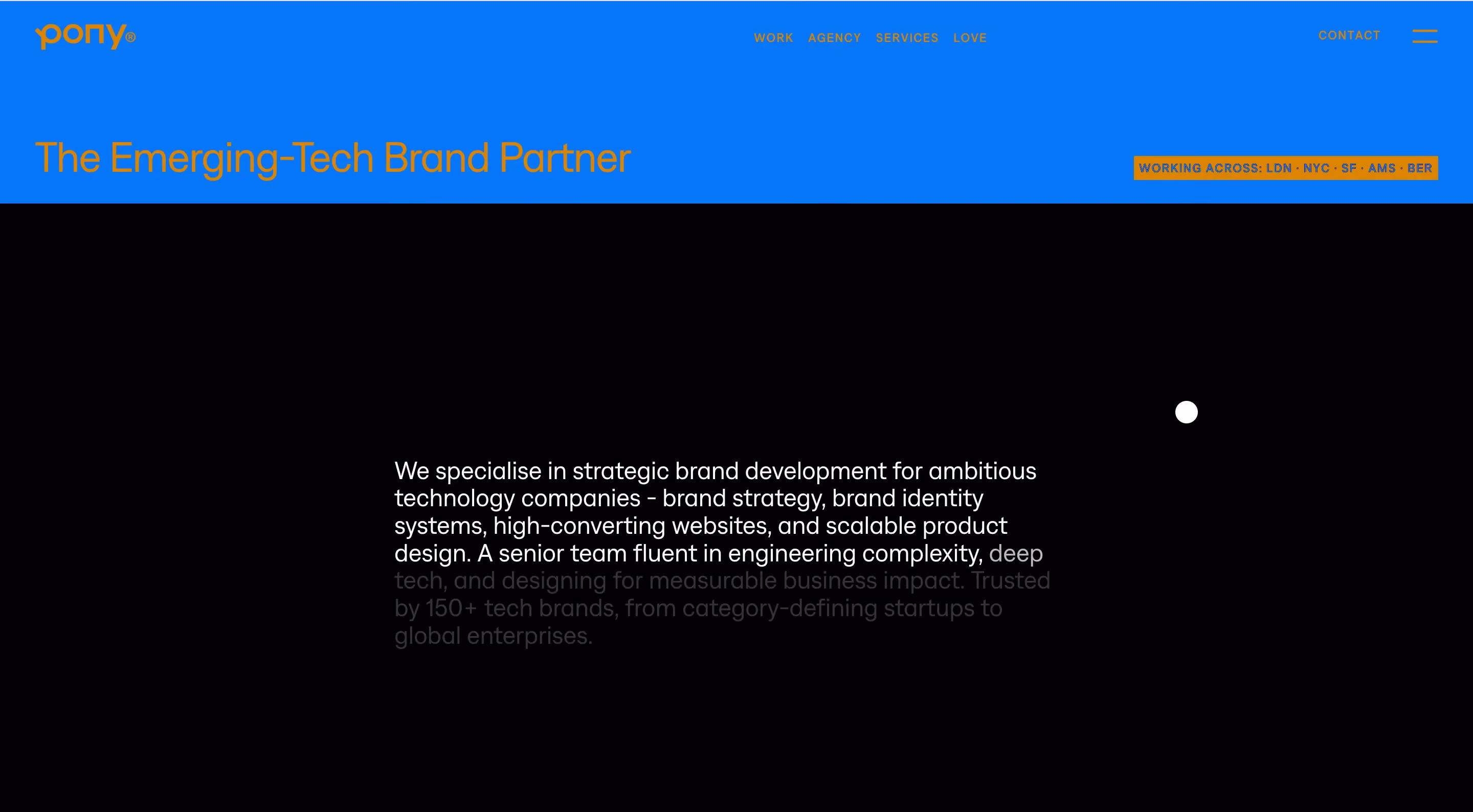 Pony Studio SaaS design agency homepage with bold orange typography reading 'The Emerging-Tech Brand Partner' on a blue and black background