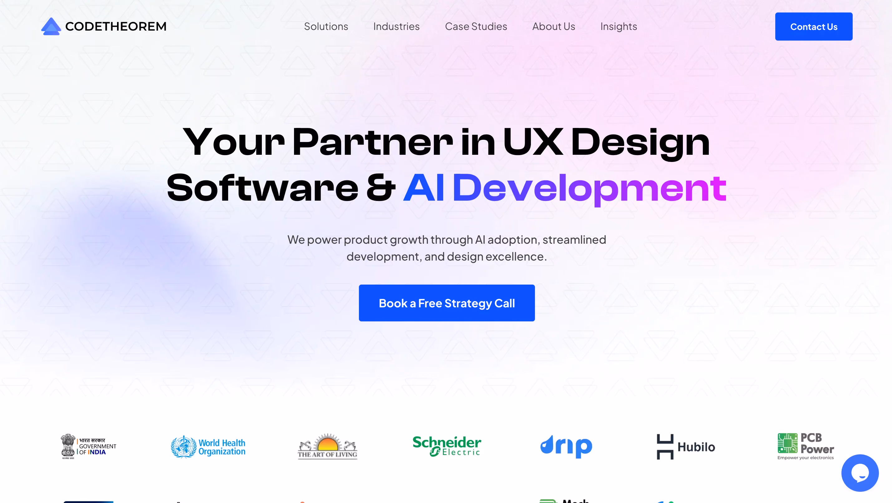 CodeTheorem SaaS design agency homepage featuring UX Design Software and AI Development headline with client logos including Schneider Electric and Hubilo