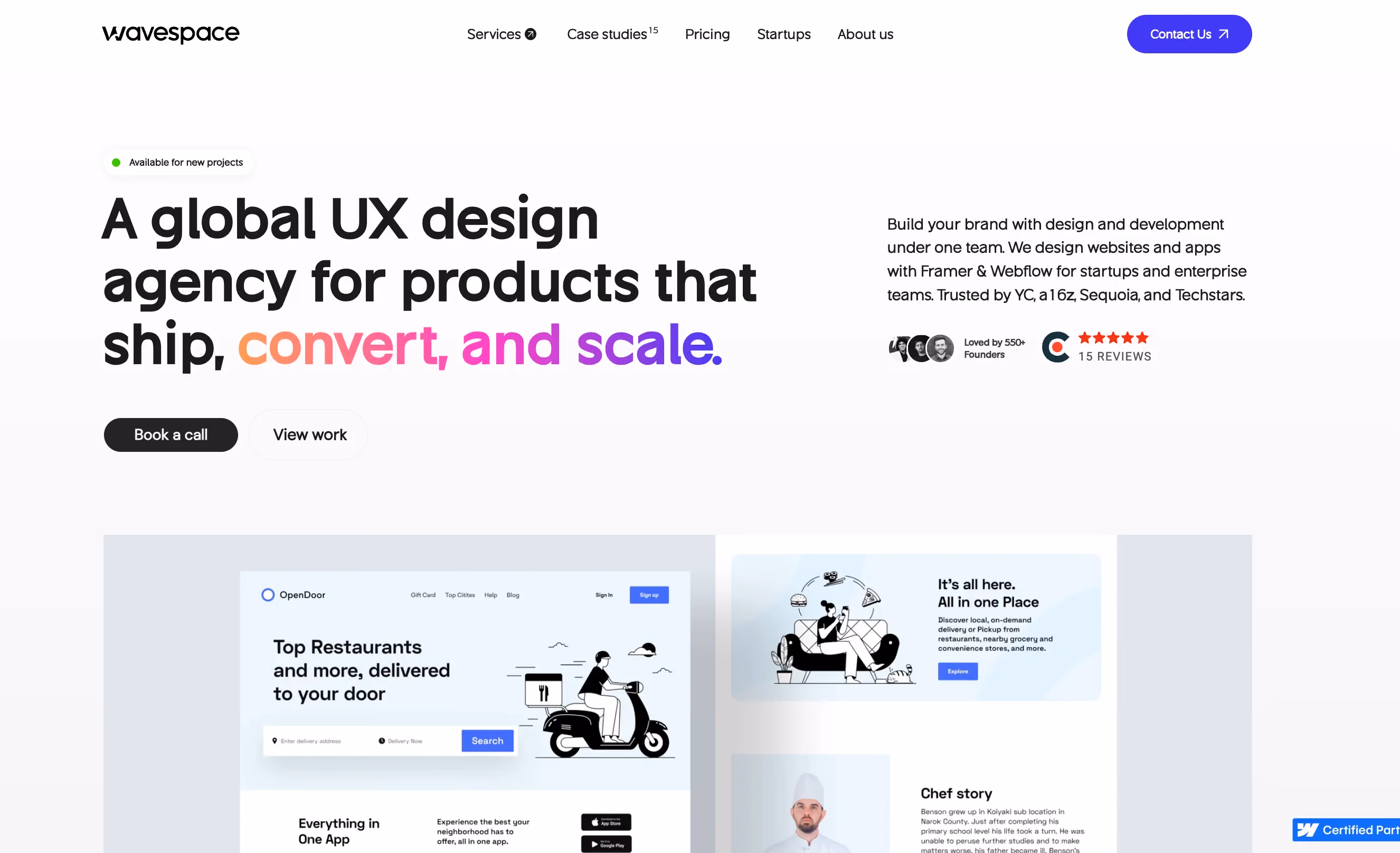 Wavespace SaaS design agency homepage with the headline 'A global UX design agency for products that ship, convert, and scale' and client portfolio examples