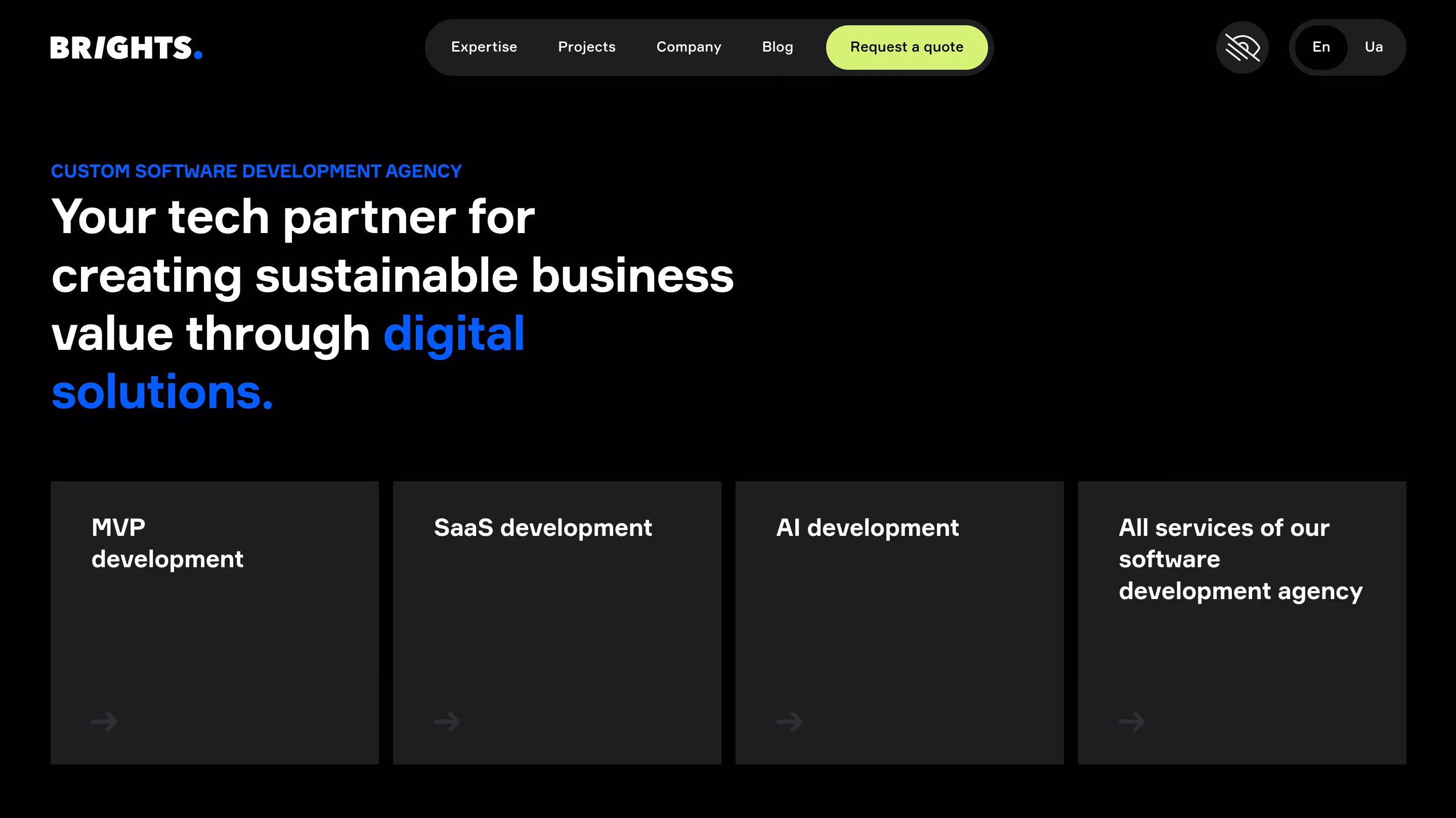 Brights SaaS design agency homepage showing MVP development, SaaS development, AI development, and software services on a dark background