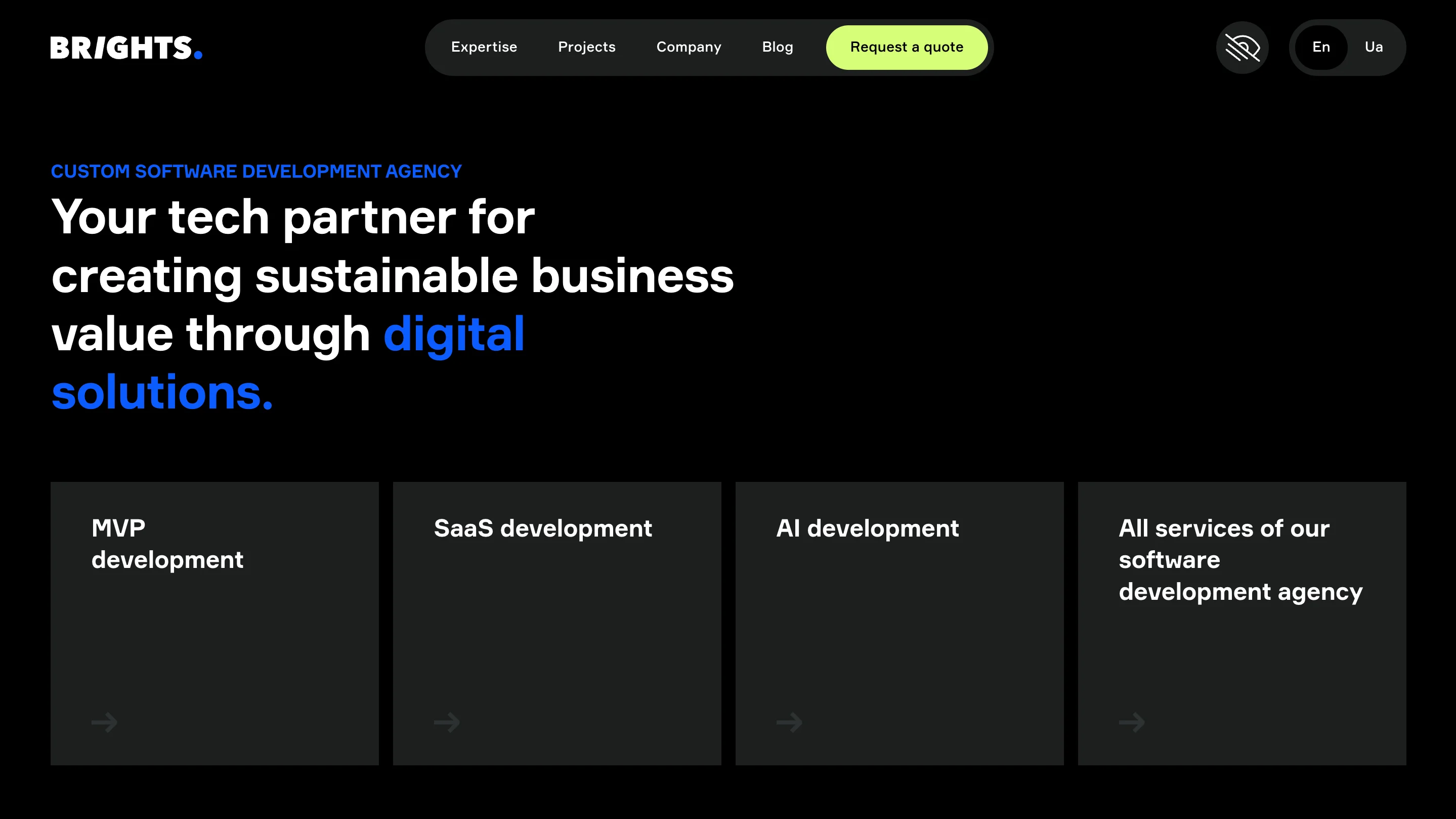 Brights SaaS design agency homepage showing MVP development, SaaS development, AI development, and software services on a dark background