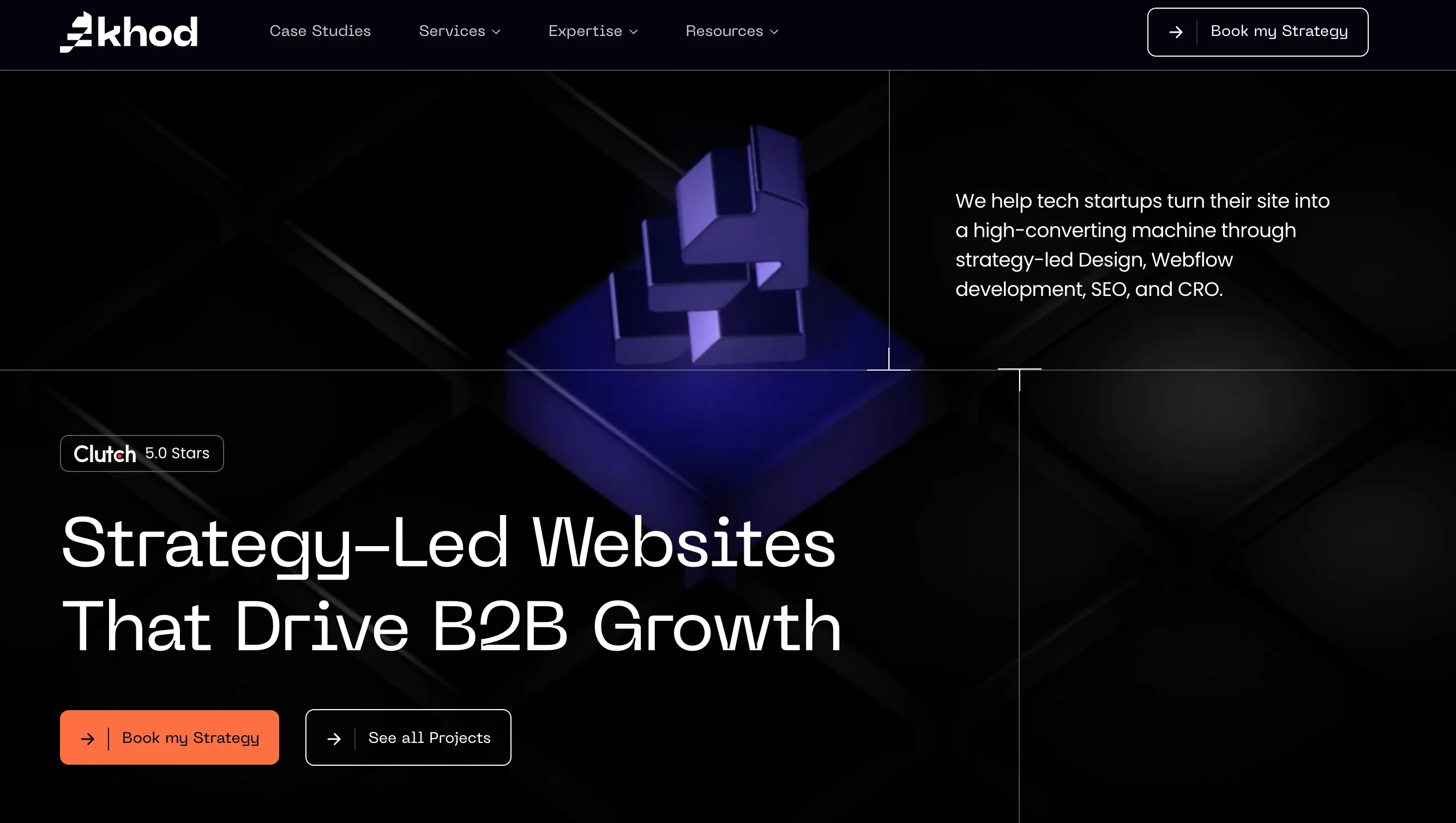 Khod homepage featuring a dark background with a 3D purple geometric shape, the Clutch 5.0 Stars badge, the headline "Strategy-Led Websites That Drive B2B Growth," and buttons for "Book my Strategy" and "See all Projects."