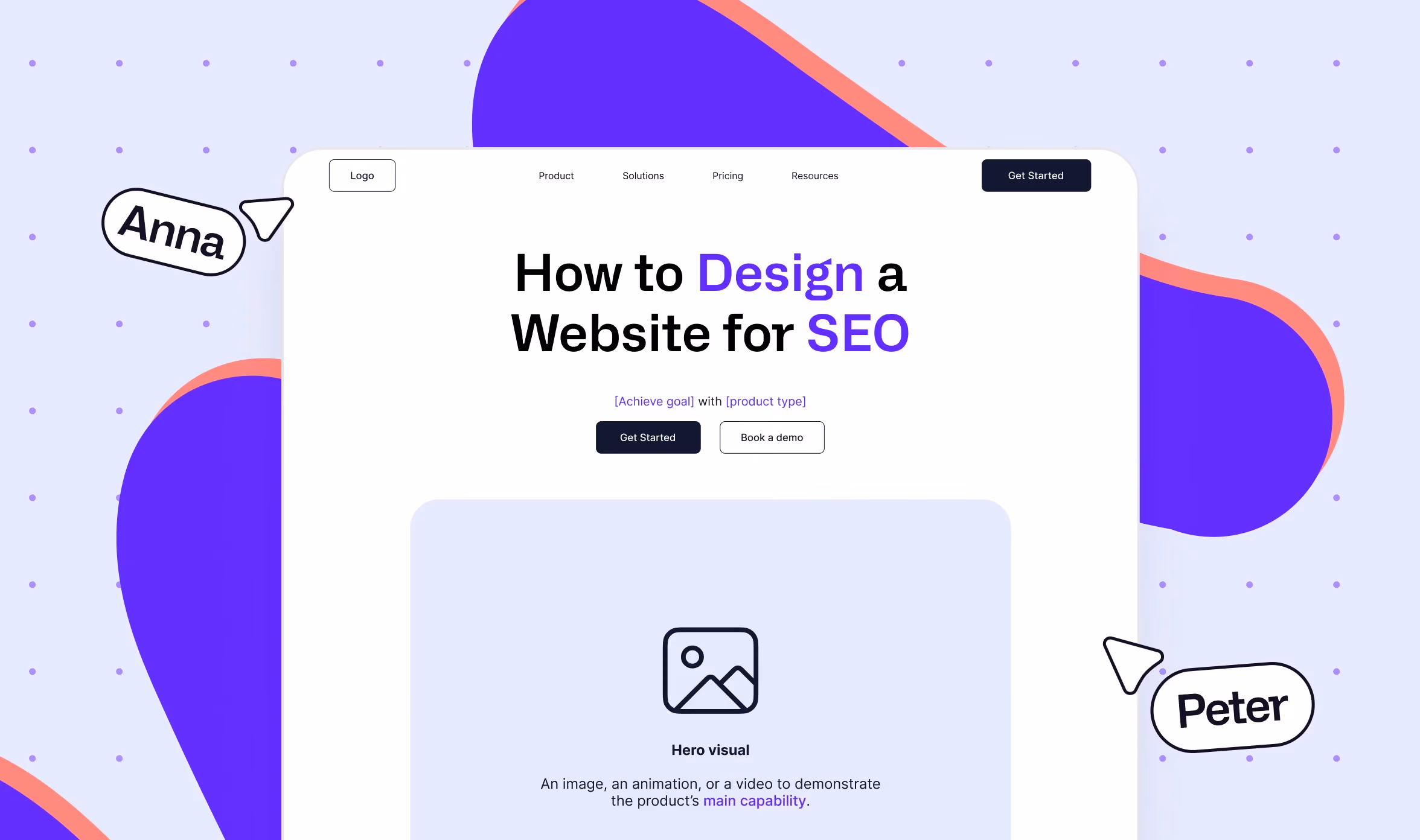 Wireframe illustration showing how to design a website for SEO, featuring a sample homepage layout with a navigation bar containing Logo, Product, Solutions, Pricing, and Resources links, a headline area, a subheadline with placeholder text for value propo