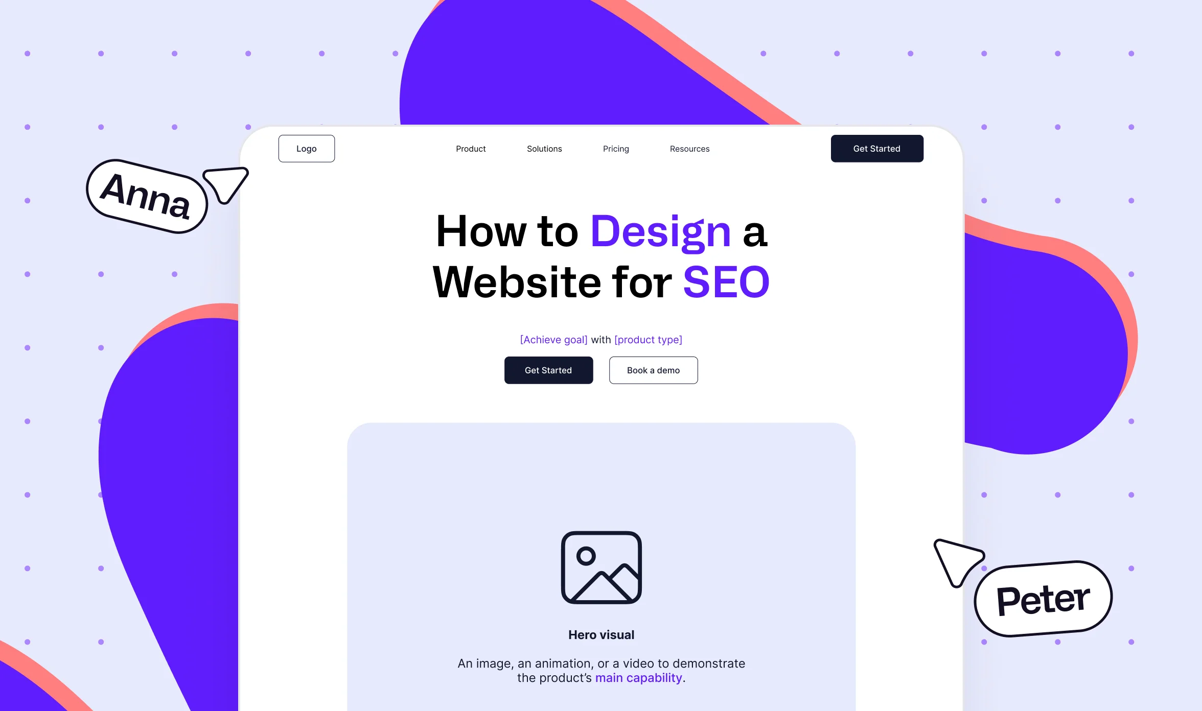 Wireframe illustration showing how to design a website for SEO, featuring a sample homepage layout with a navigation bar containing Logo, Product, Solutions, Pricing, and Resources links, a headline area, a subheadline with placeholder text for value propo