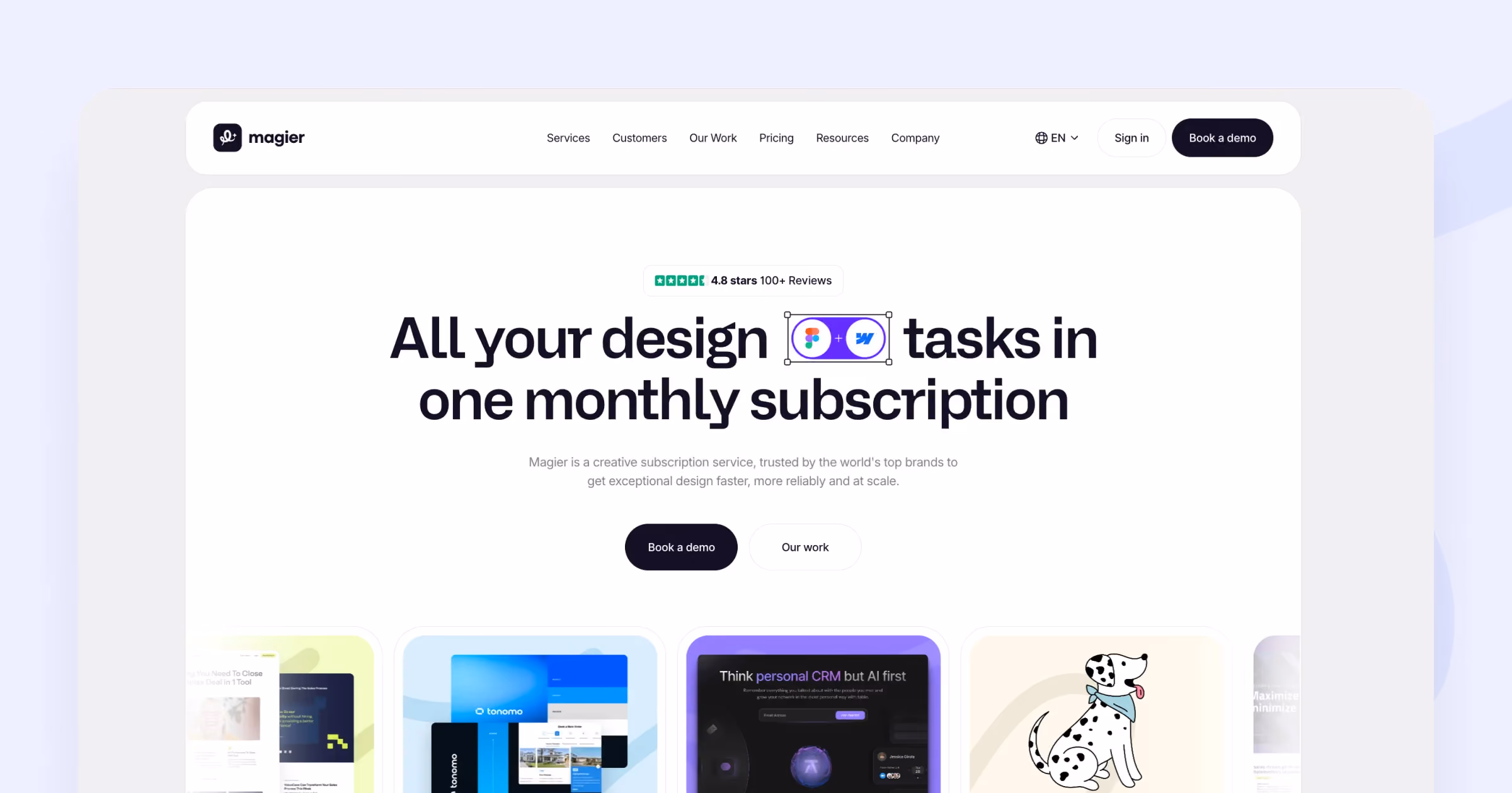 Magier homepage as an example of effective website design for SEO, featuring a clean navigation with Services, Customers, Our Work, Pricing, Resources, and Company links, a Trustpilot badge showing 4.8 stars from 100+ reviews above the fold, the headline "All your design tasks in one monthly subscription," a supporting subheadline, two CTA buttons for "Book a demo" and "Our work," and a row of client project thumbnails below the hero section.