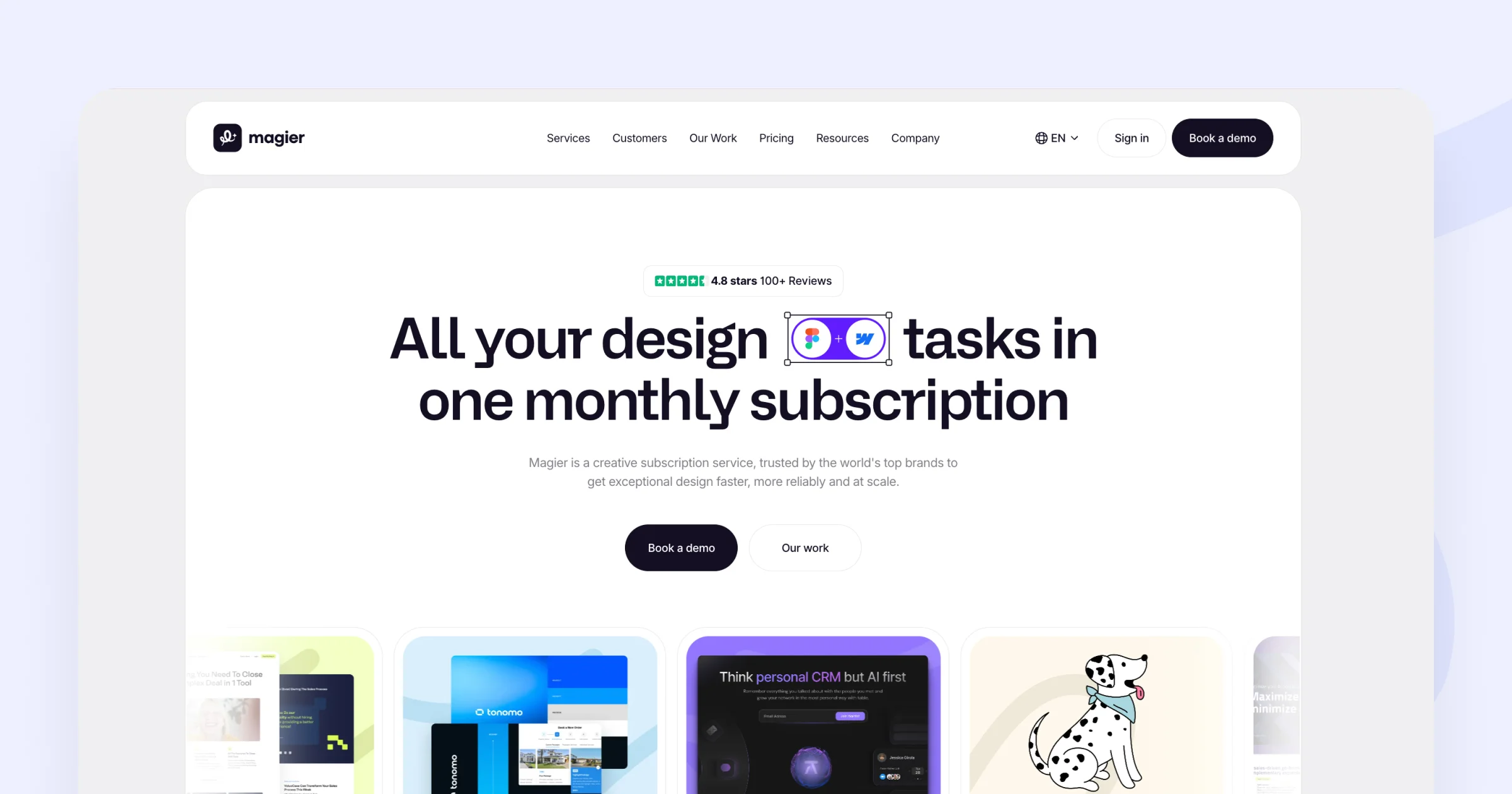Magier homepage as an example of effective website design for SEO, featuring a clean navigation with Services, Customers, Our Work, Pricing, Resources, and Company links, a Trustpilot badge showing 4.8 stars from 100+ reviews above the fold, the headline "All your design tasks in one monthly subscription," a supporting subheadline, two CTA buttons for "Book a demo" and "Our work," and a row of client project thumbnails below the hero section.