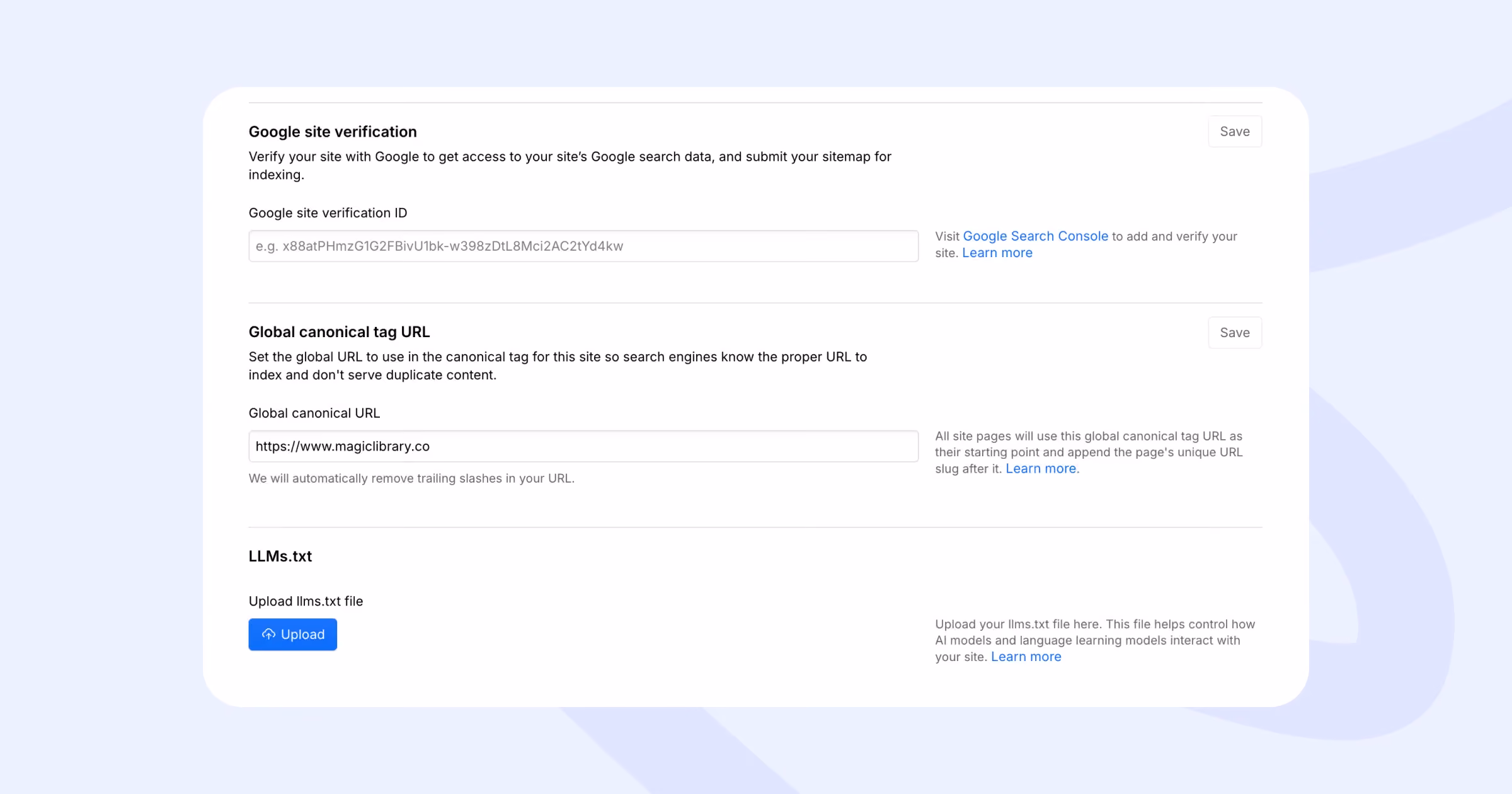 Webflow Site Settings SEO tab showing the native llms.txt upload section for AI optimization