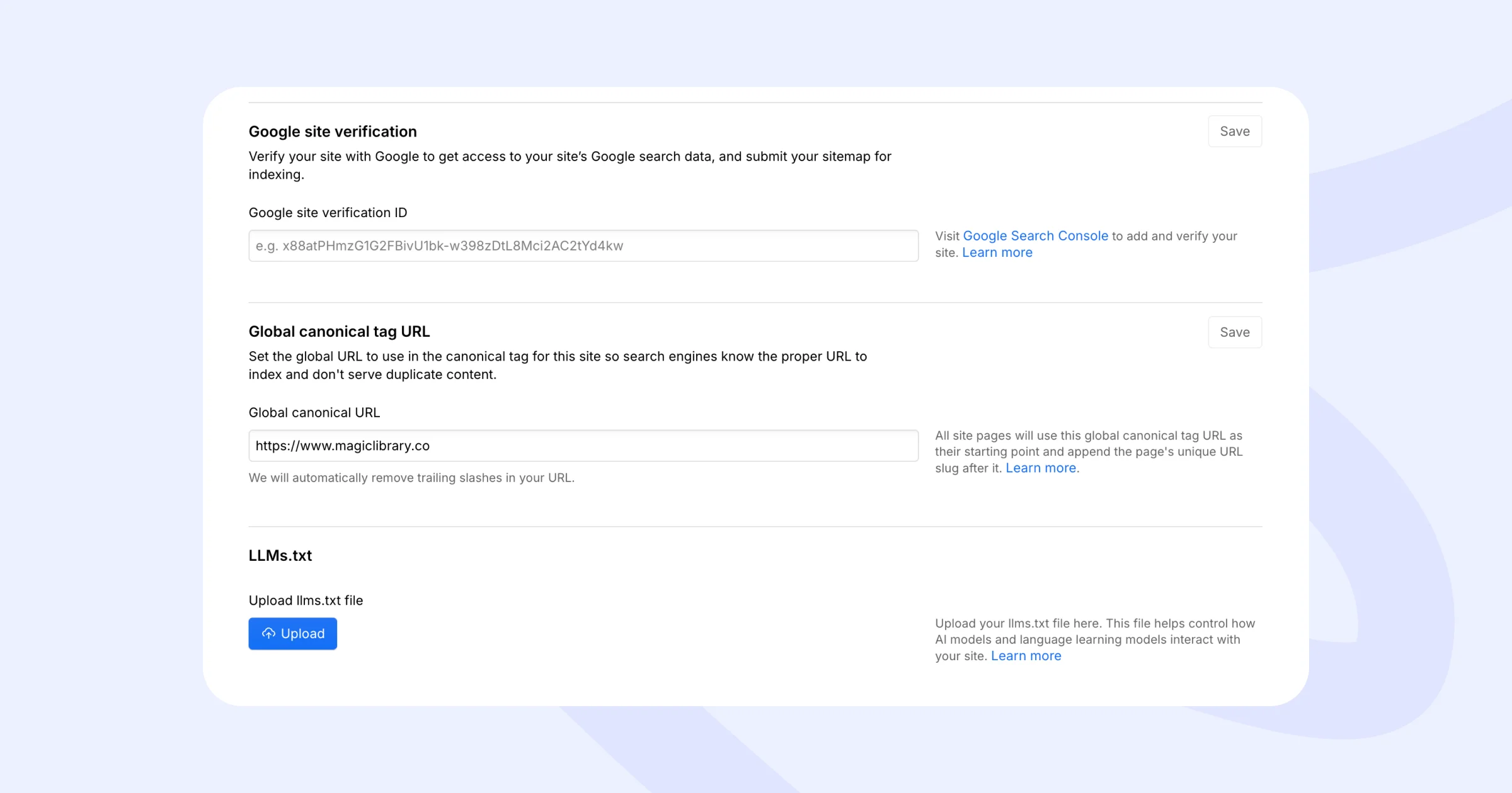 Webflow Site Settings SEO tab showing the native llms.txt upload section for AI optimization