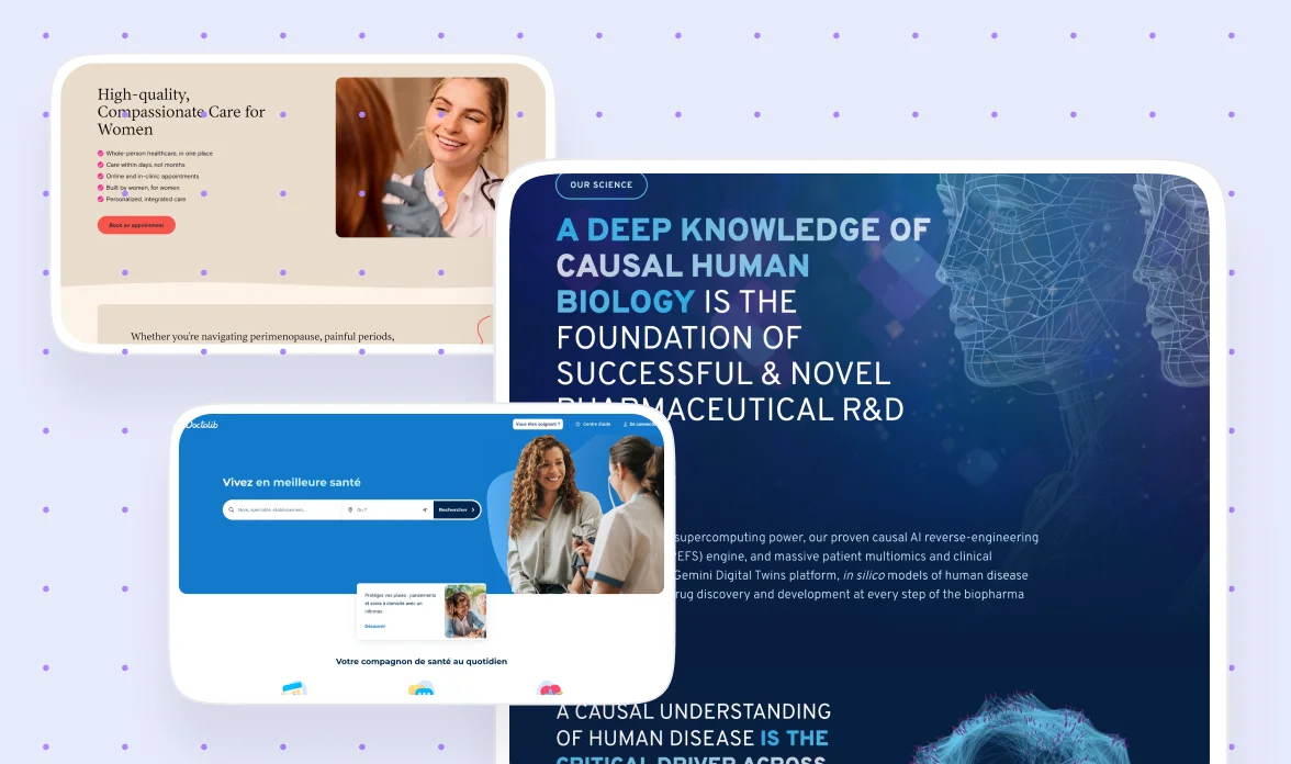 Best medical website design examples for 2026 featuring screenshots from Tia, Doctolib, and Aitia showcasing different approaches to healthcare web design