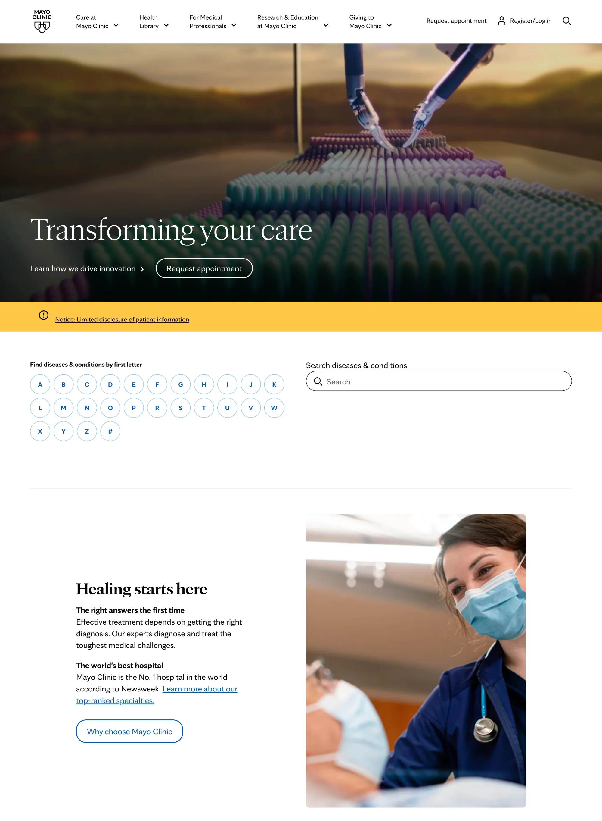 Mayo Clinic medical website design showing a clean homepage with search-first navigation, disease and condition finder, and a hero section focused on patient care