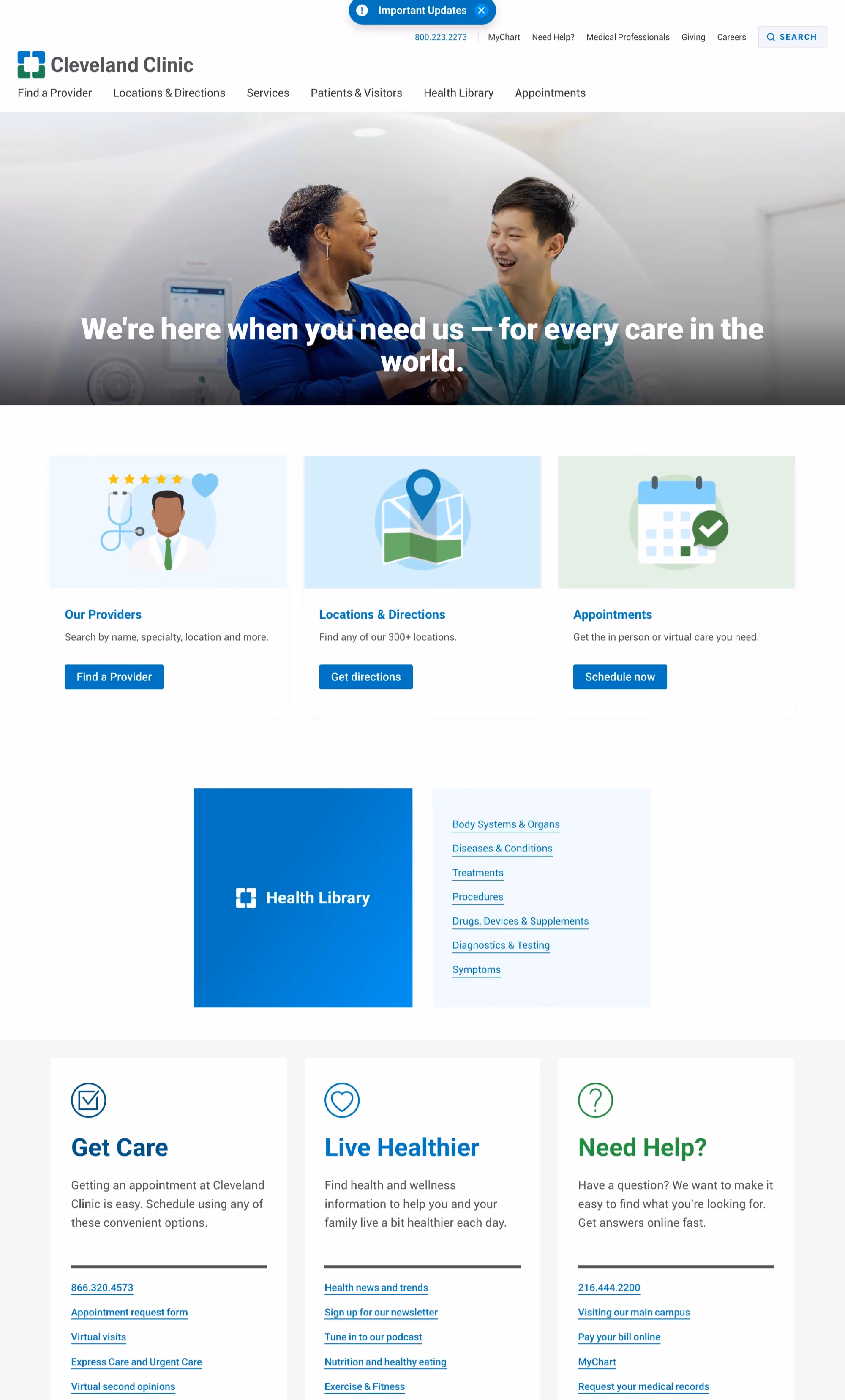 Cleveland Clinic medical website design featuring a patient-focused homepage with provider search, location finder, appointment scheduling, and a comprehensive health library section