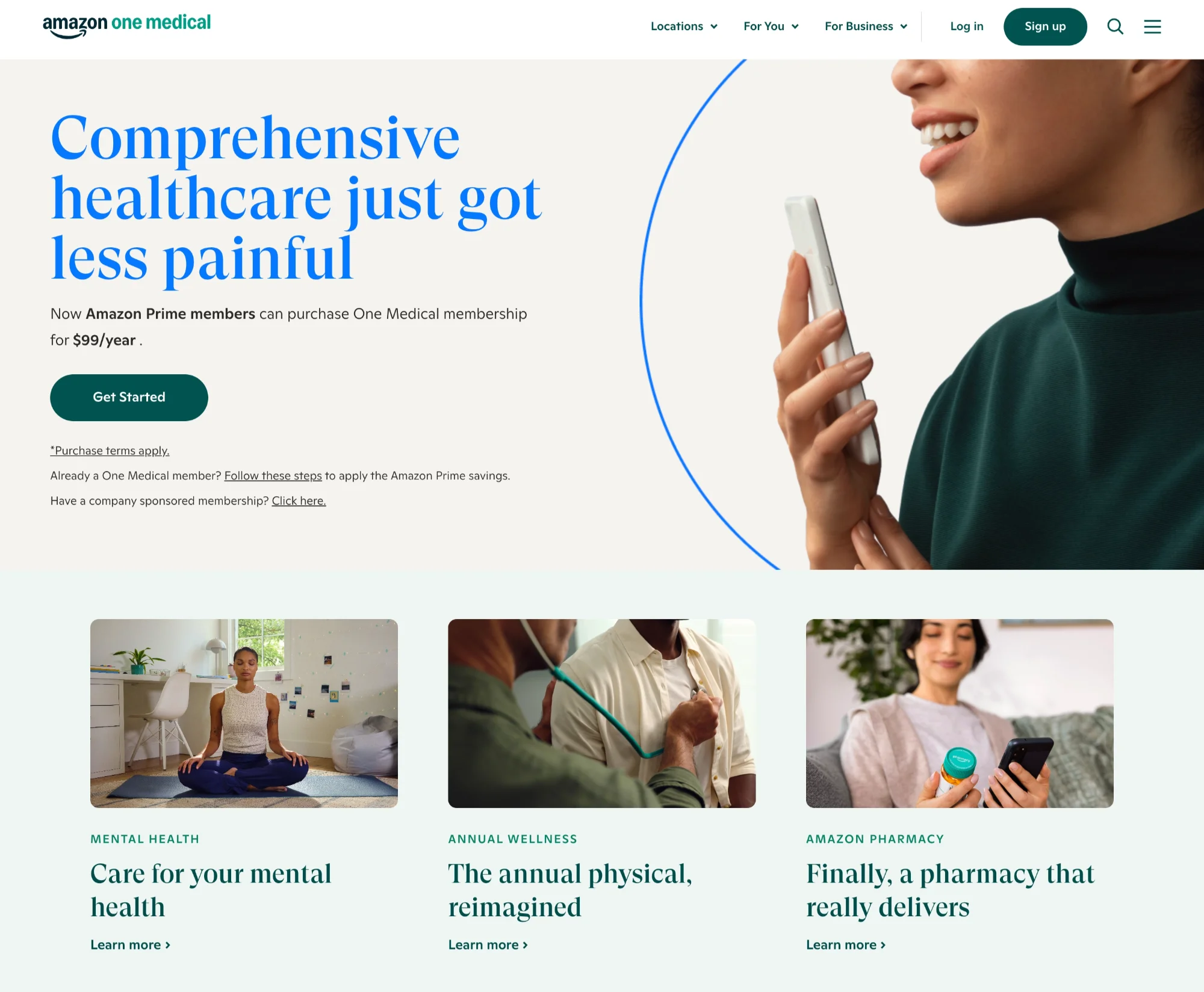 One Medical medical website design with a warm green color palette, Amazon Prime membership integration, and lifestyle-forward healthcare branding