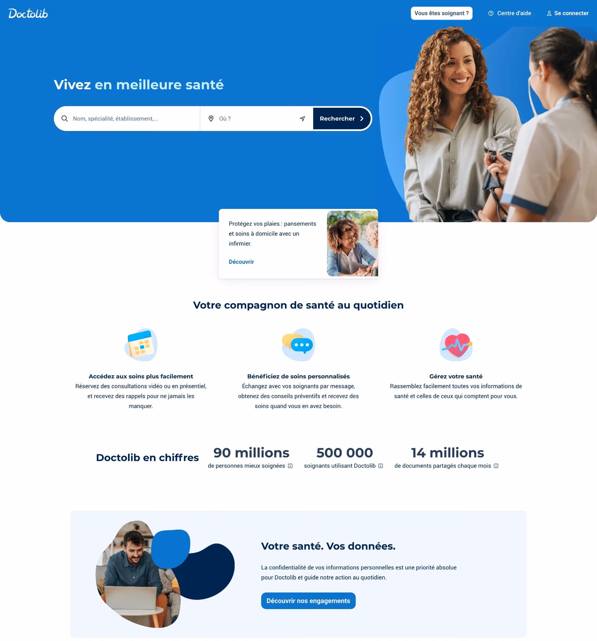 Doctolib medical website design showing a search-driven homepage for booking doctor appointments across Europe, with a blue-and-white color palette and social proof statistics