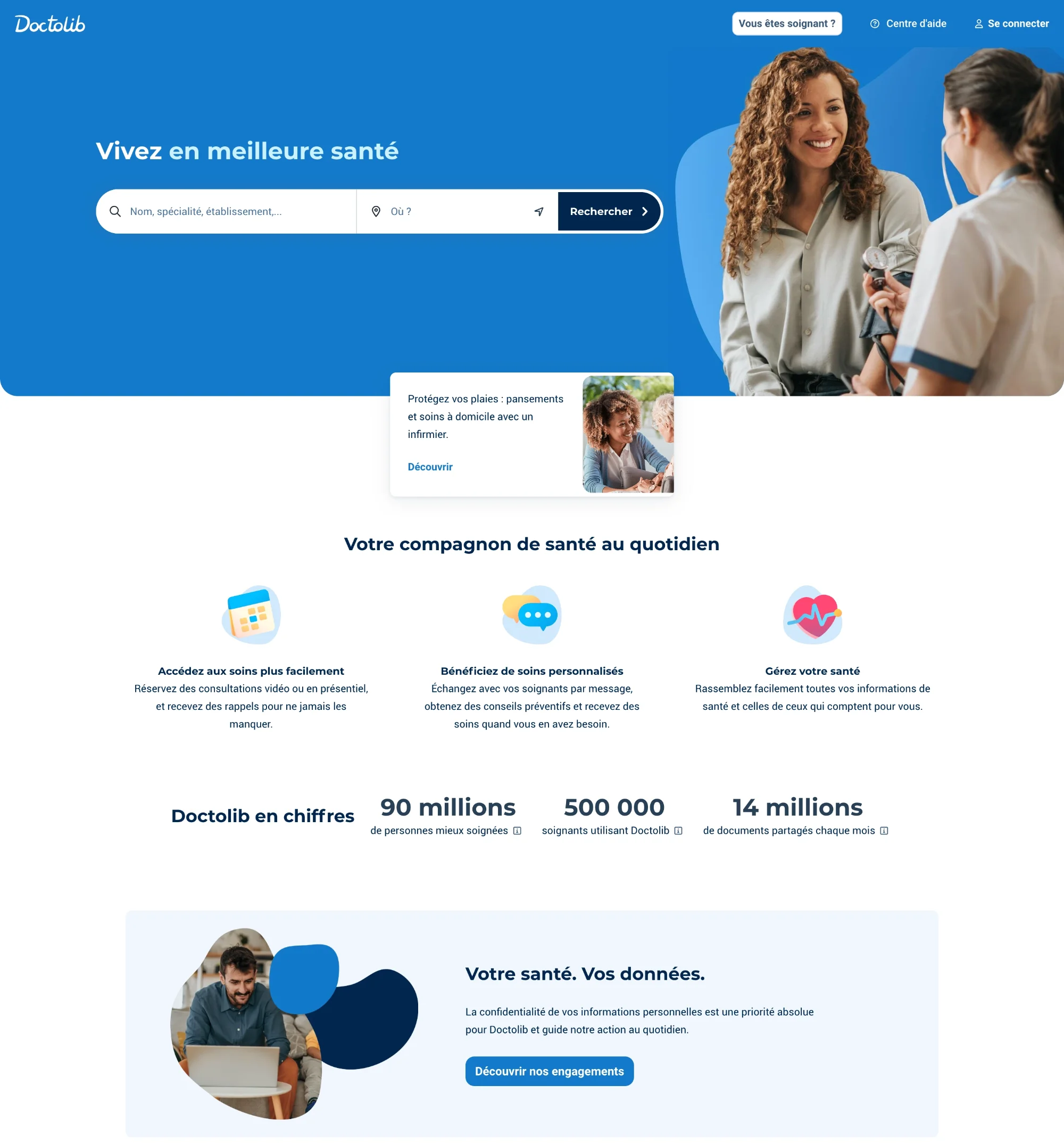Doctolib medical website design showing a search-driven homepage for booking doctor appointments across Europe, with a blue-and-white color palette and social proof statistics