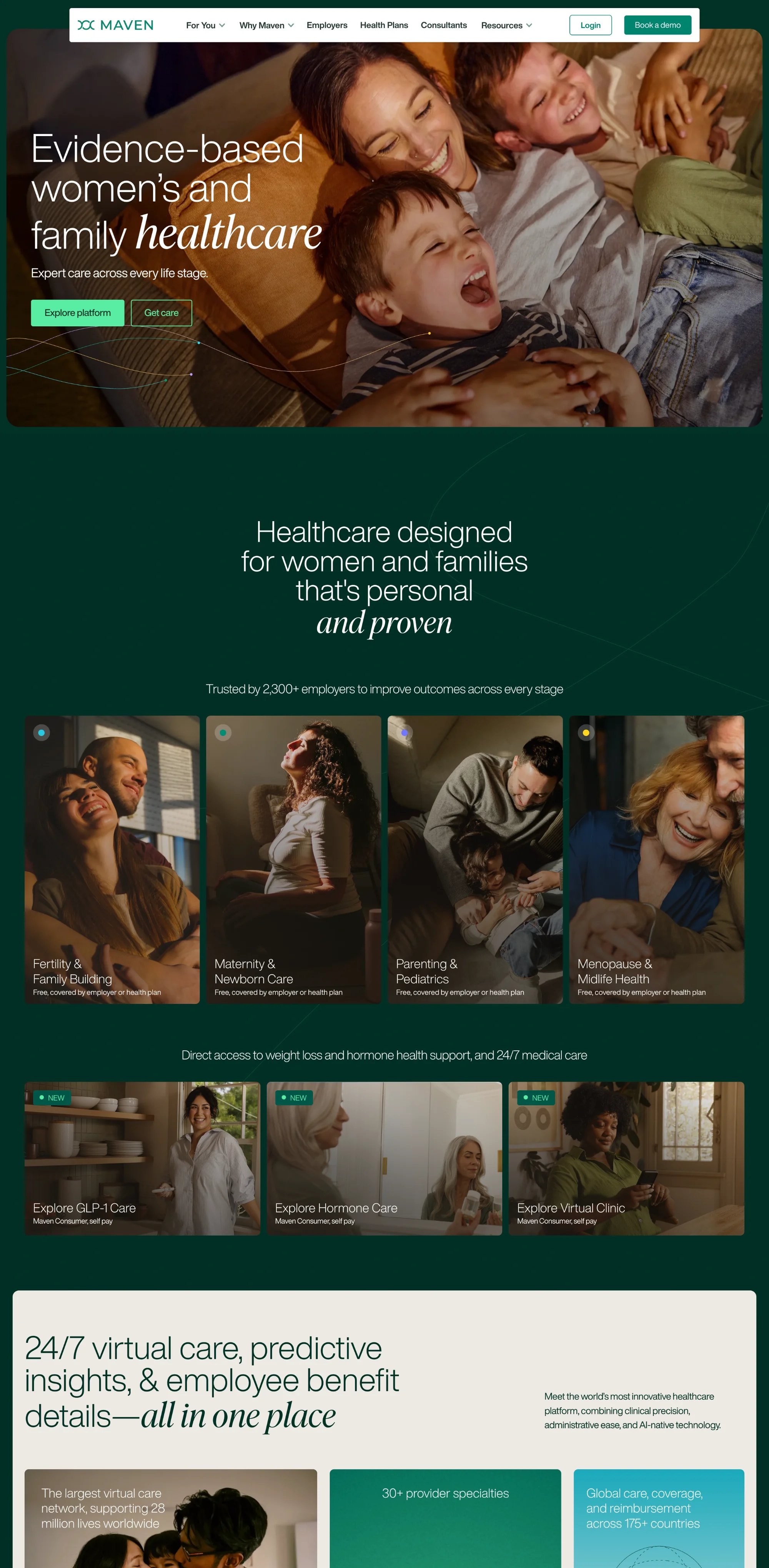 Maven Clinic medical website design featuring a deep green color palette, family-focused photography, audience segmentation for individuals and employers, and clear service categories