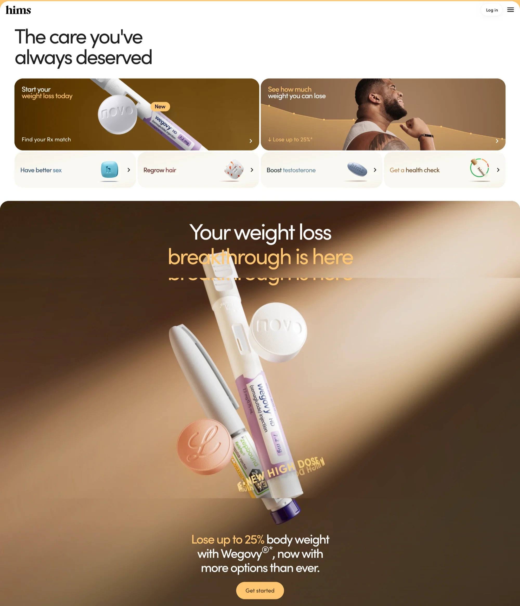 Hims medical website design with a bold DTC approach, warm earth tones, product-focused hero section, and lifestyle photography that breaks traditional healthcare conventions