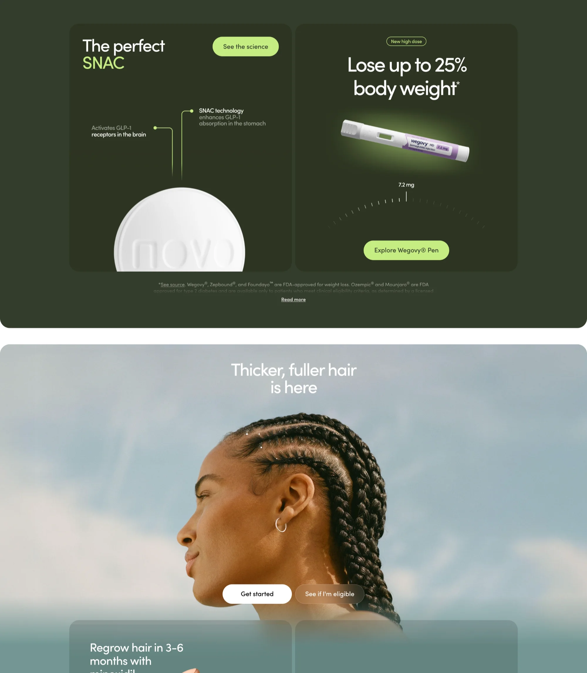 Hers medical website design showcasing dark green product sections, scientific explanations, and a consumer-forward visual identity for women's telehealth
