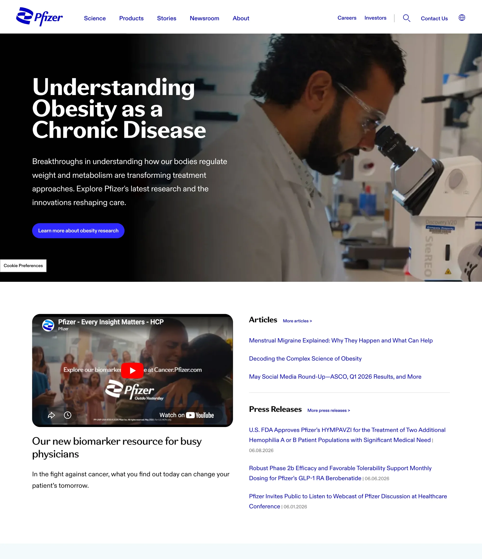 Pfizer pharmaceutical medical website design with a corporate blue palette, research-focused hero section, embedded video content, and press release listings