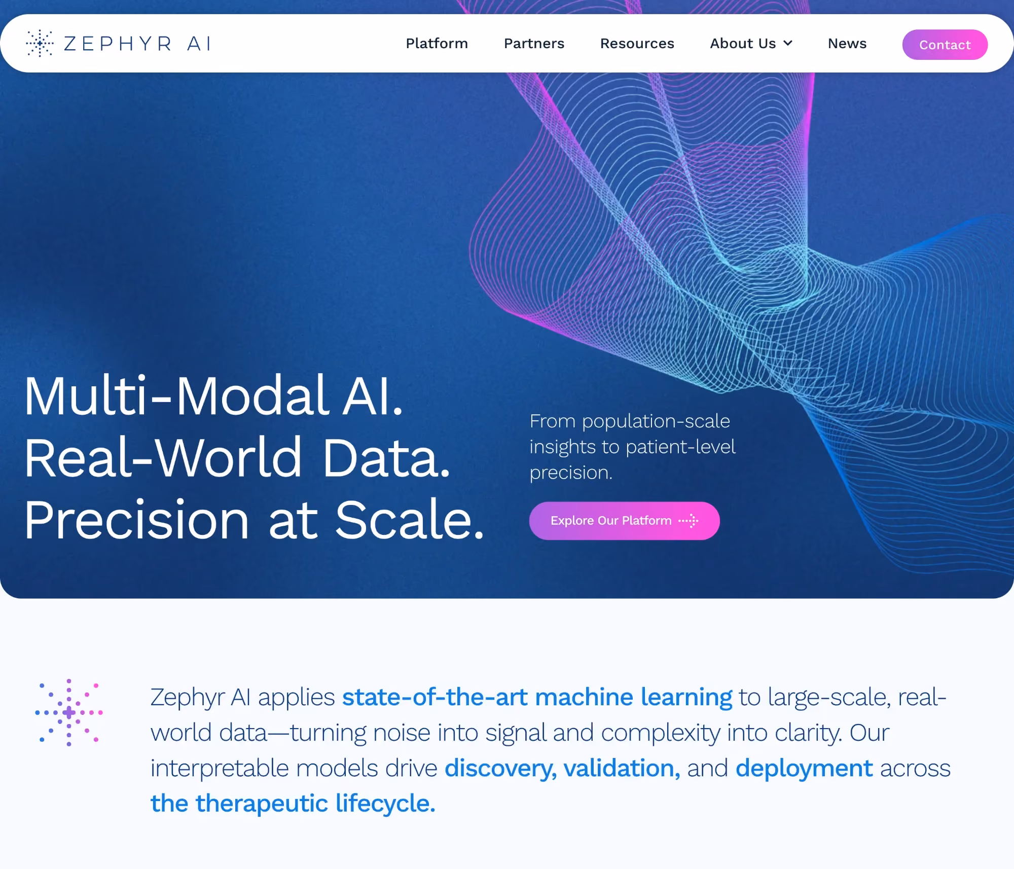 Zephyr AI biotech medical website design featuring a vibrant blue-and-pink gradient hero, bold typography, and a clear platform-focused value proposition