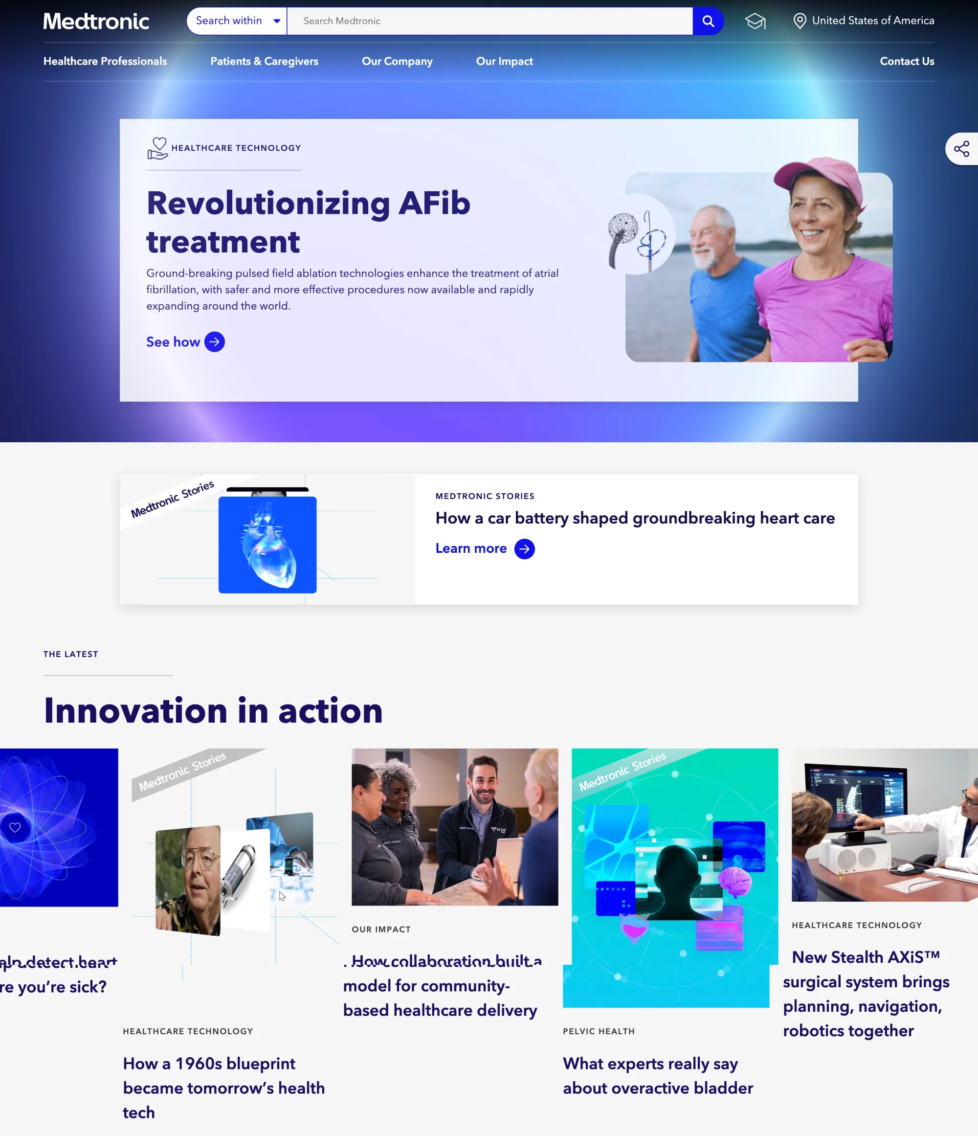 Medtronic medical device website design showing audience-segmented navigation for healthcare professionals and patients, a healthcare technology hero section, and story-driven content cards