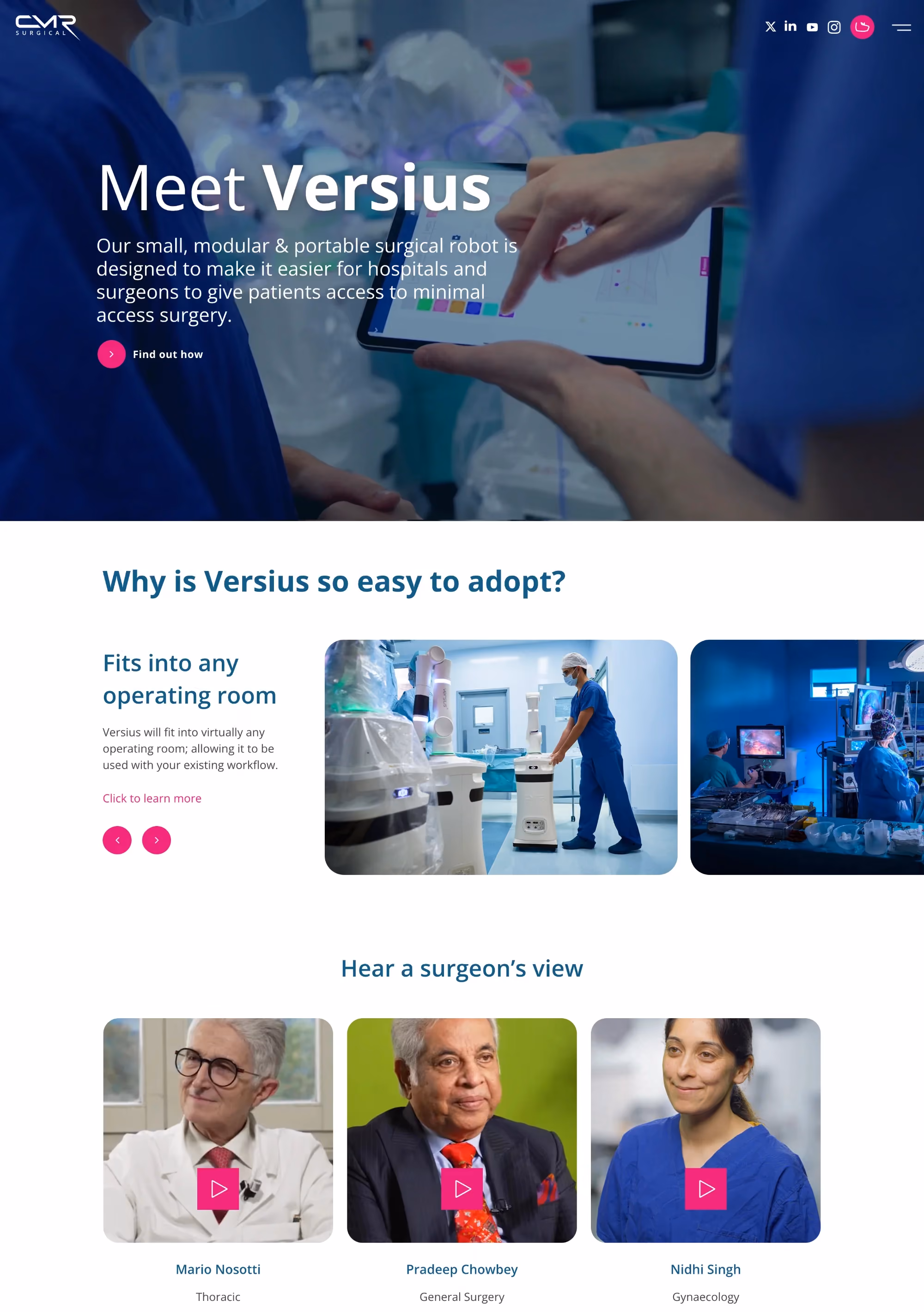 CMR Surgical medical device website design featuring the Versius robotic system with real operating room photography, surgeon testimonial videos, and a clean product-focused layout