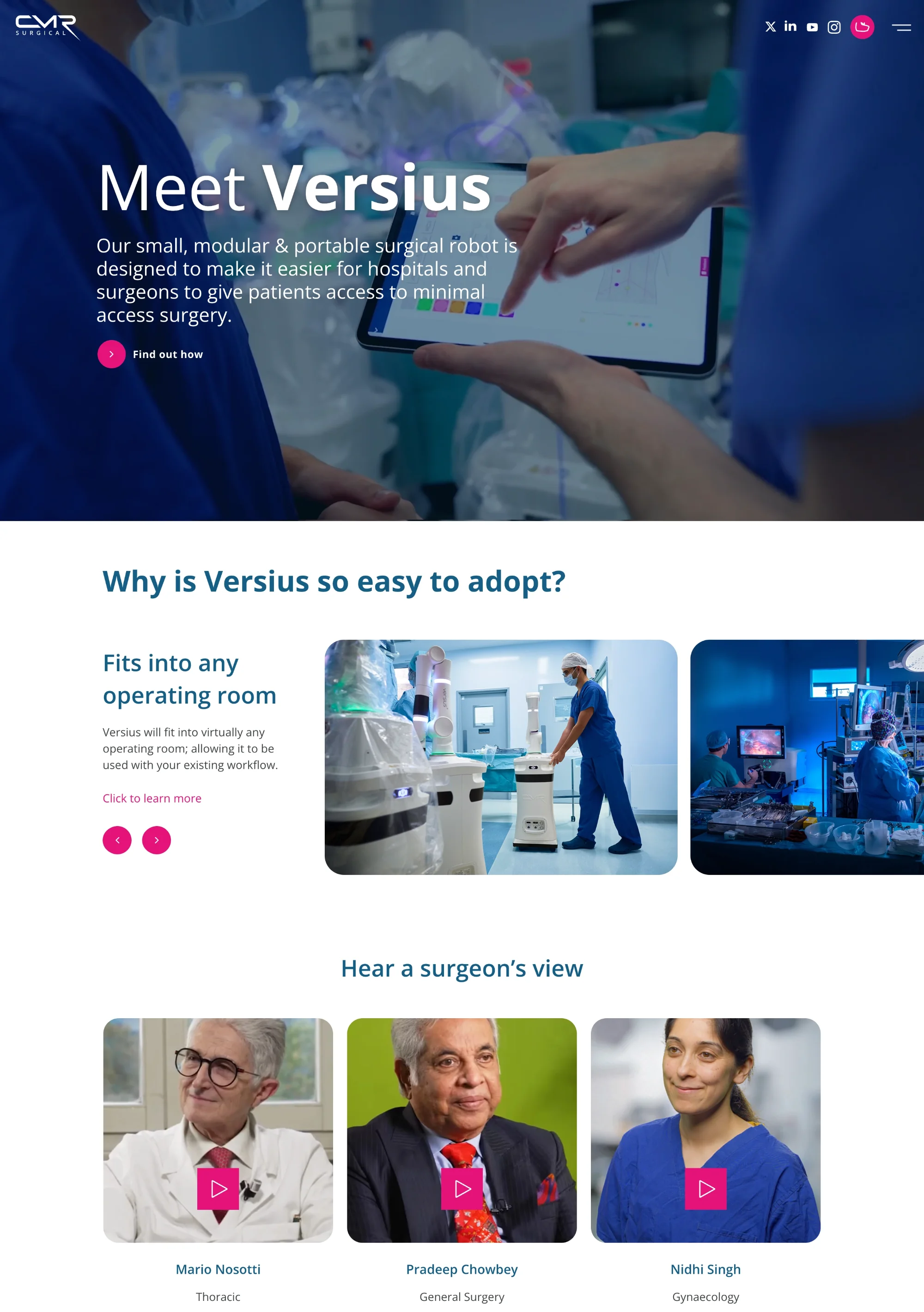 CMR Surgical medical device website design featuring the Versius robotic system with real operating room photography, surgeon testimonial videos, and a clean product-focused layout