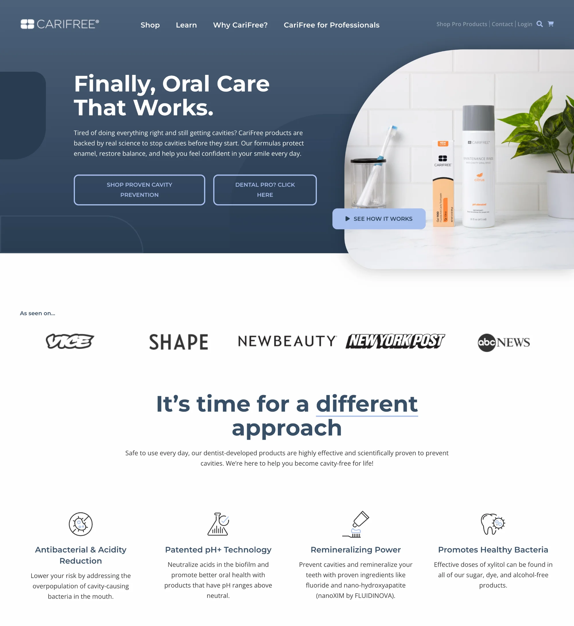 CariFree dental medical website design with a grey-and-white palette, science-backed product positioning, press logos for social proof, and dual CTAs for consumers and dental professionals