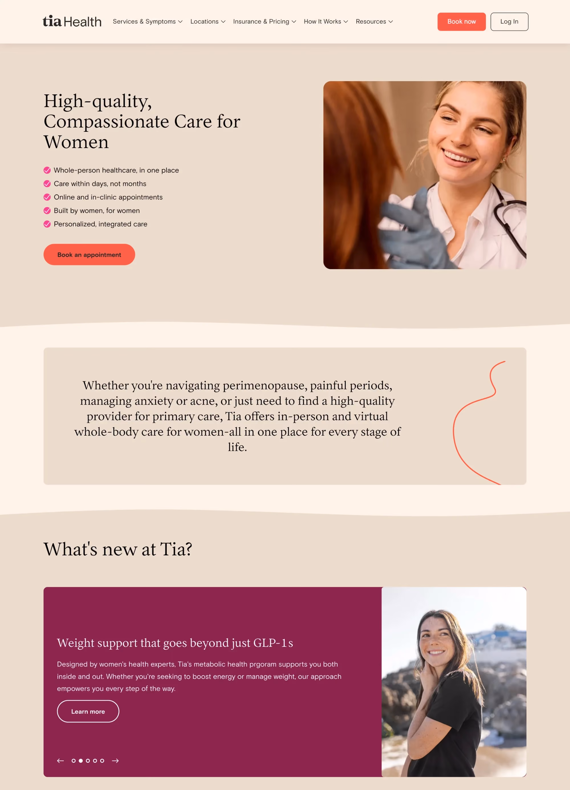 Tia Health women's healthcare medical website design featuring a warm beige-and-coral palette, real patient photography, appointment booking CTA, and compassionate brand messaging