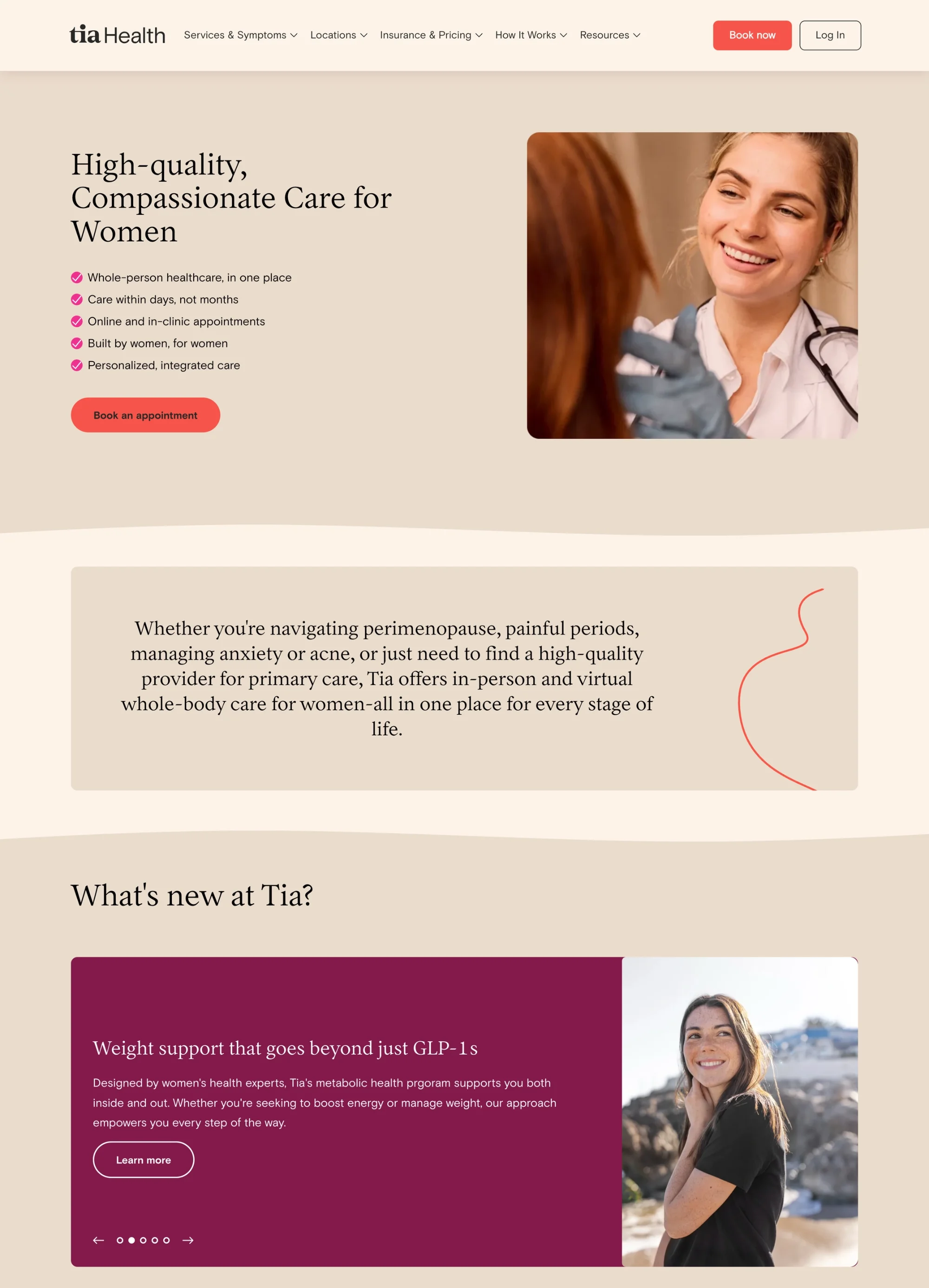 Tia Health women's healthcare medical website design featuring a warm beige-and-coral palette, real patient photography, appointment booking CTA, and compassionate brand messaging