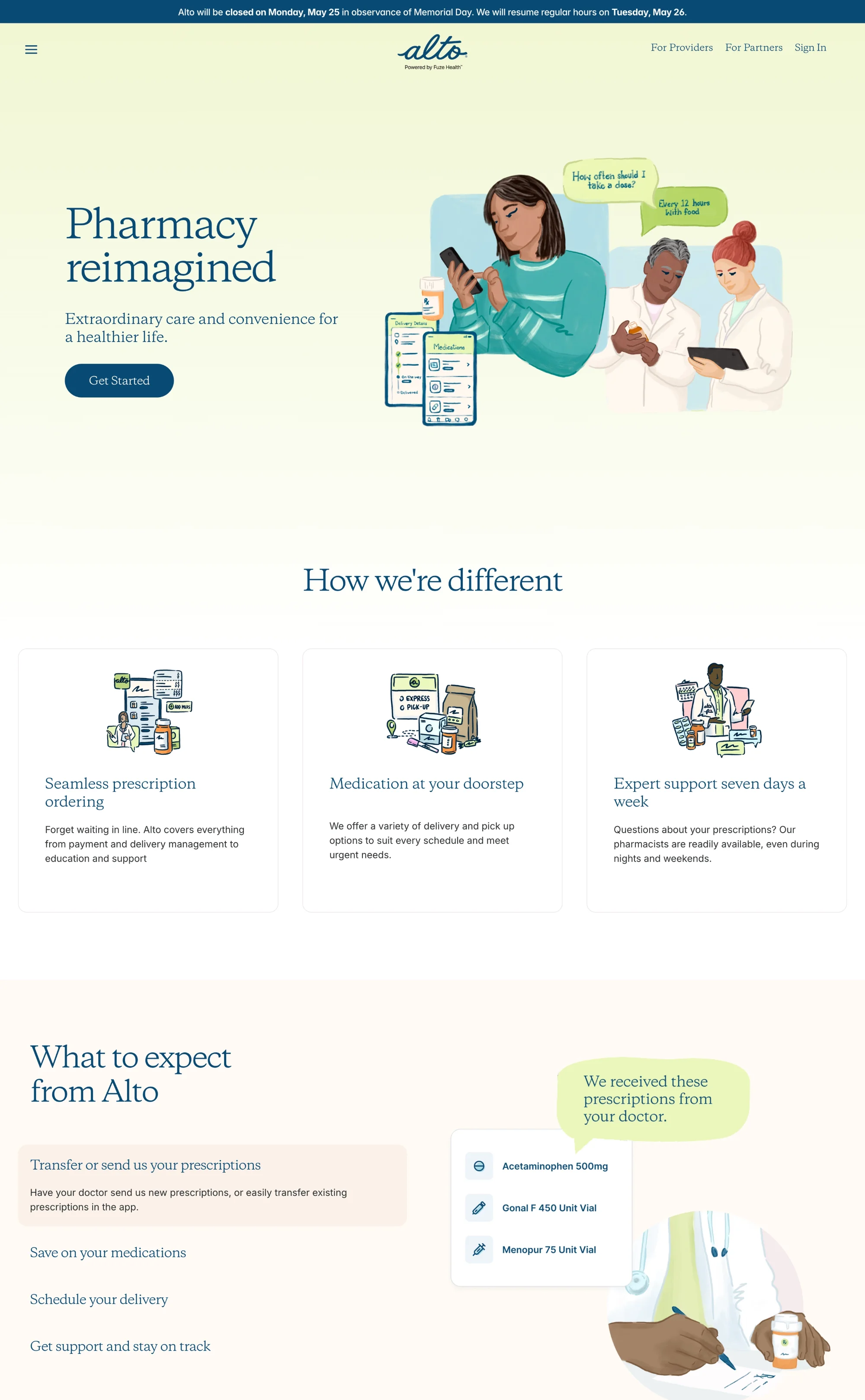 Alto Pharmacy digital health medical website design with custom illustrations, a navy-and-cream color palette, simplified prescription ordering steps, and a mobile-first layout