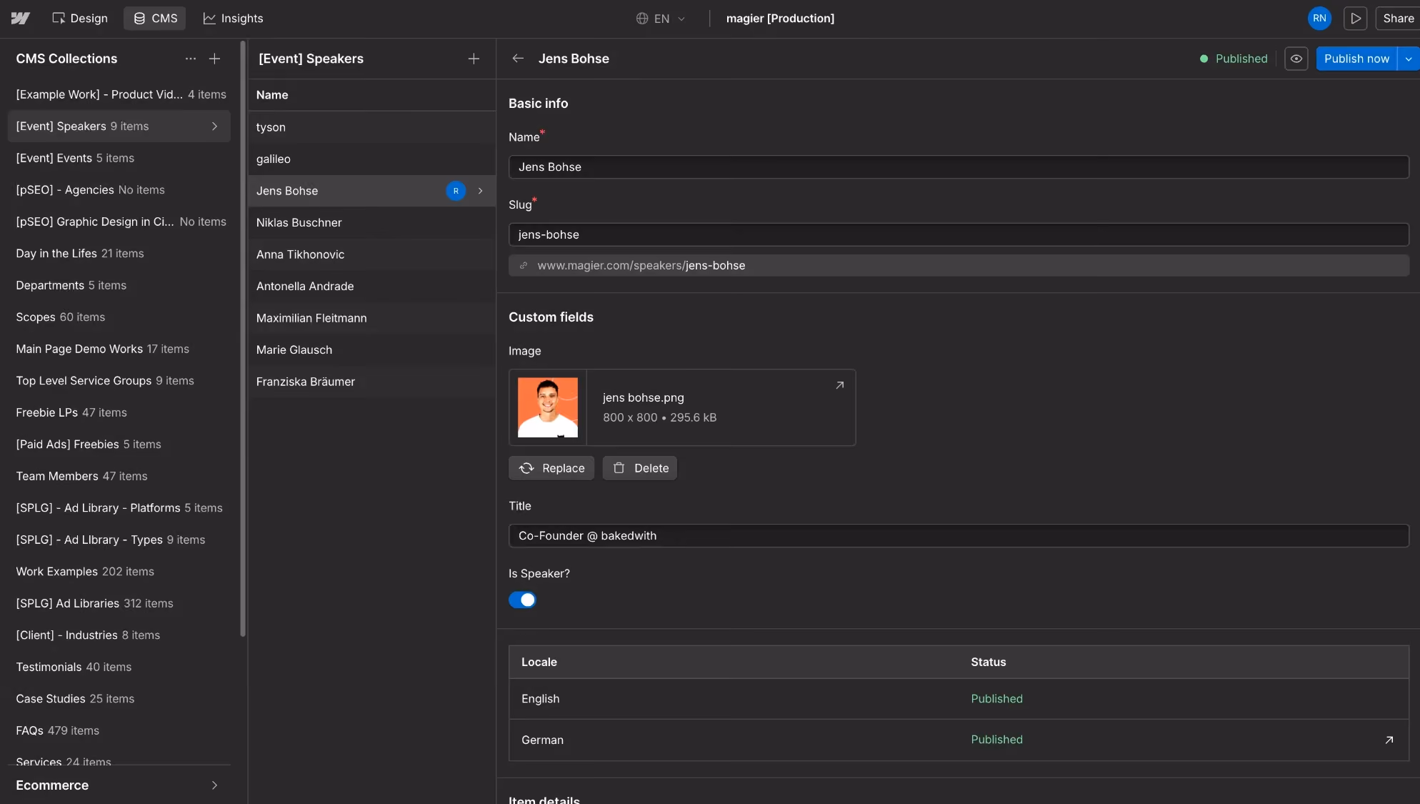 Webflow CMS item editor showing collection fields like name, slug, image, and title, which is how content is structured after you migrate from TYPO3 to Webflow