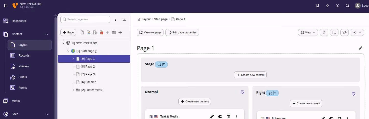 TYPO3 v14 Content Layout module showing the page tree and content areas, the starting point for auditing your site before you migrate from TYPO3 to Webflow