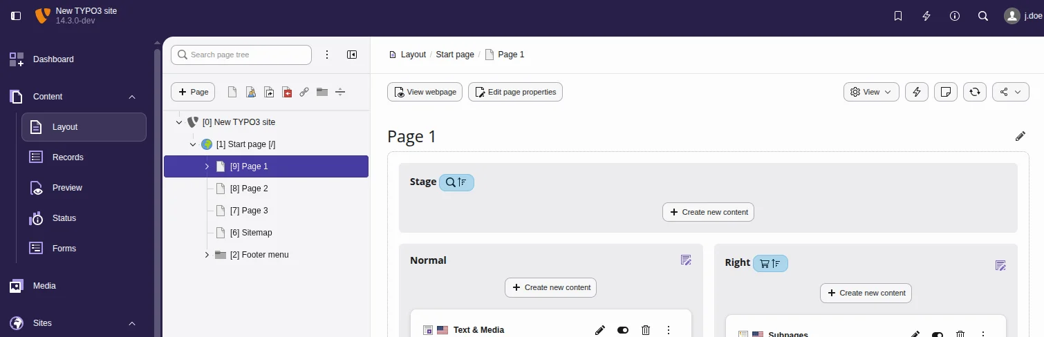 TYPO3 v14 Content Layout module showing the page tree and content areas, the starting point for auditing your site before you migrate from TYPO3 to Webflow