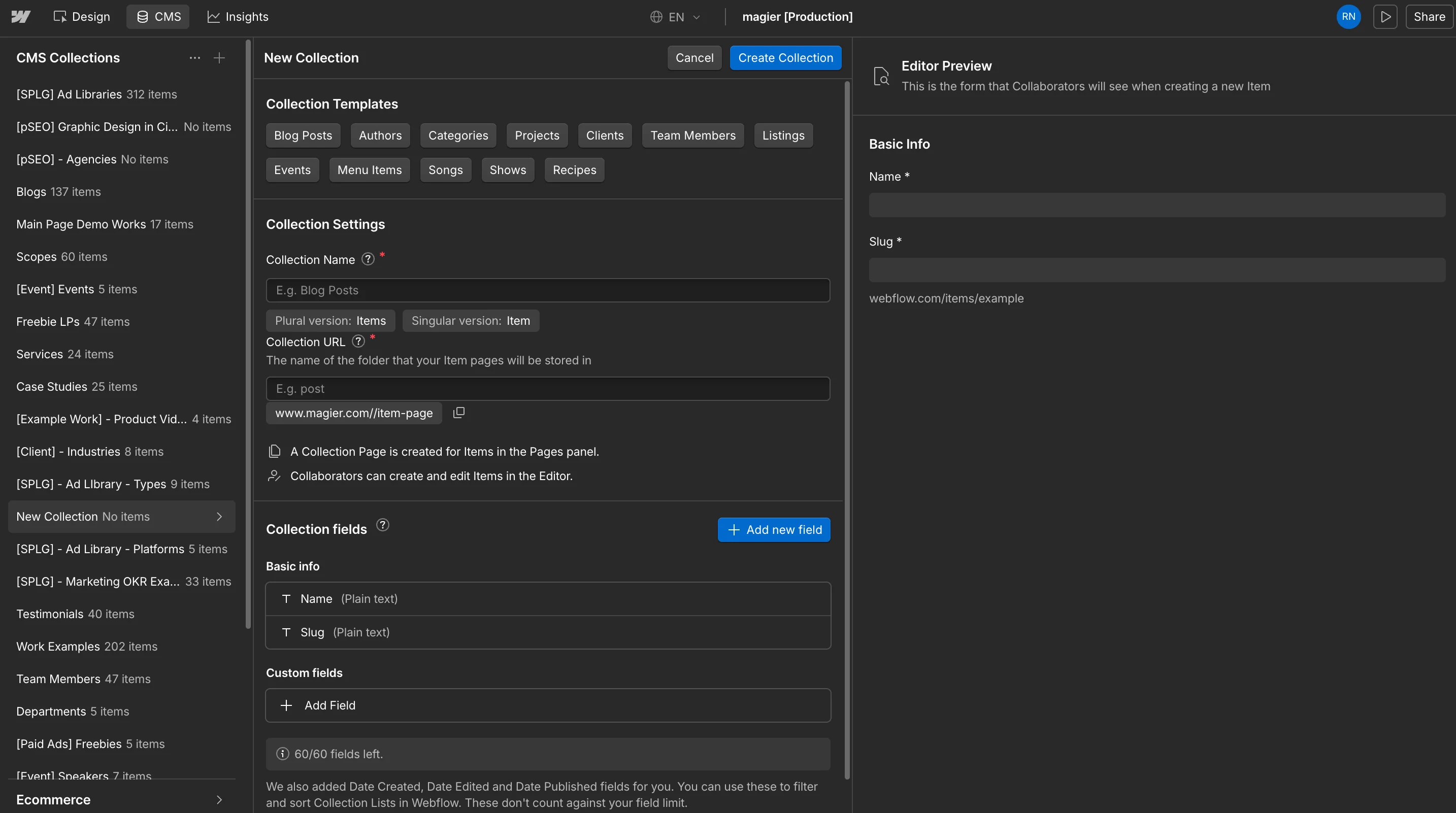 Webflow CMS new collection setup with collection templates, field configuration, and editor preview, used for planning your CMS structure when you migrate from TYPO3 to Webflow