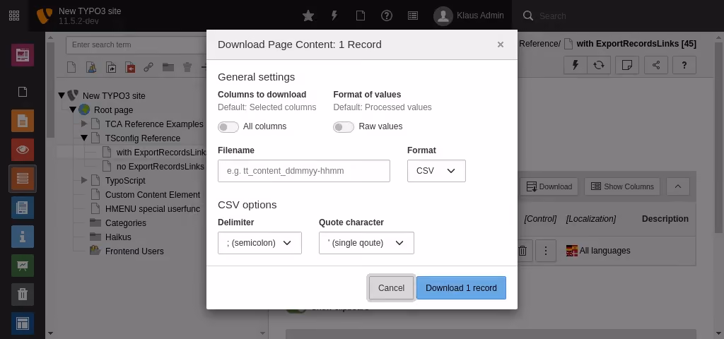 TYPO3 CSV export dialog with format, delimiter, and filename options for downloading page content before you migrate from TYPO3 to Webflow