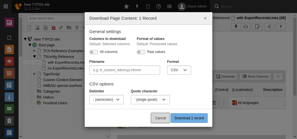 TYPO3 CSV export dialog with format, delimiter, and filename options for downloading page content before you migrate from TYPO3 to Webflow